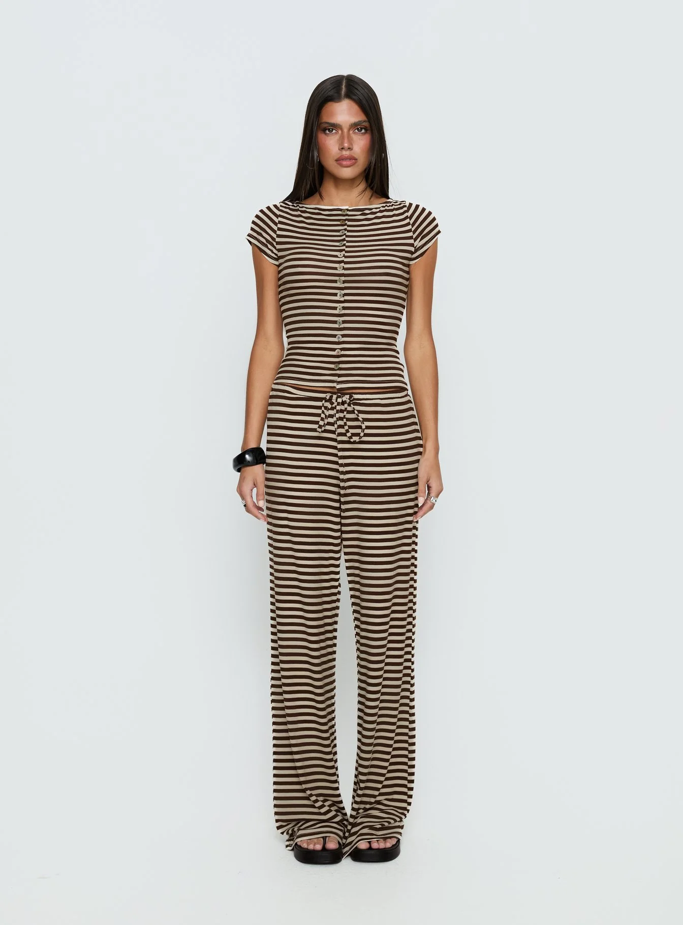 Gavrielle Jersey Wide Leg Pants Chocolate / Cream Stripe - Image 7