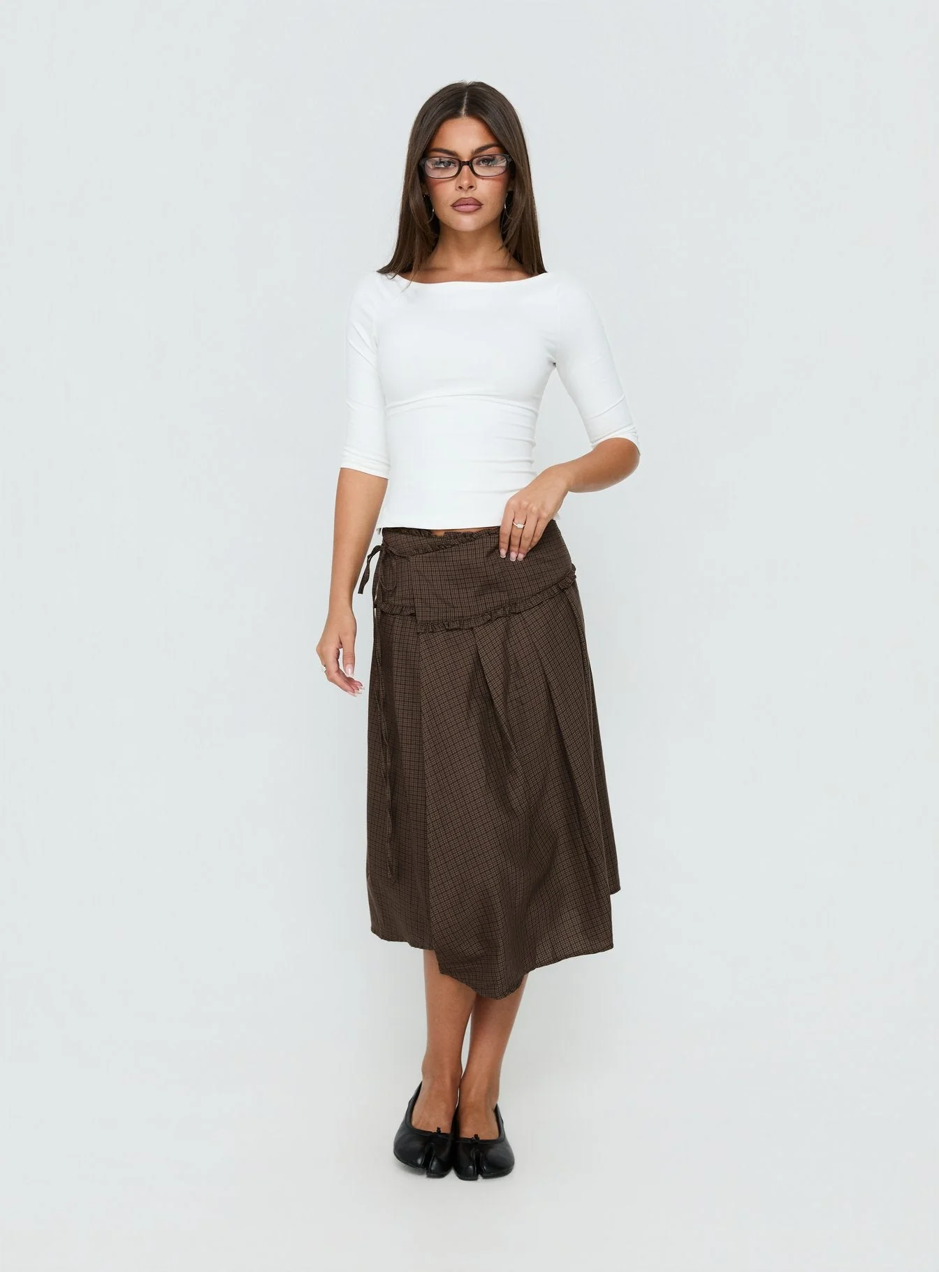Ginella Pleated Tie Side Midi Skirt Brown Check - Image 2