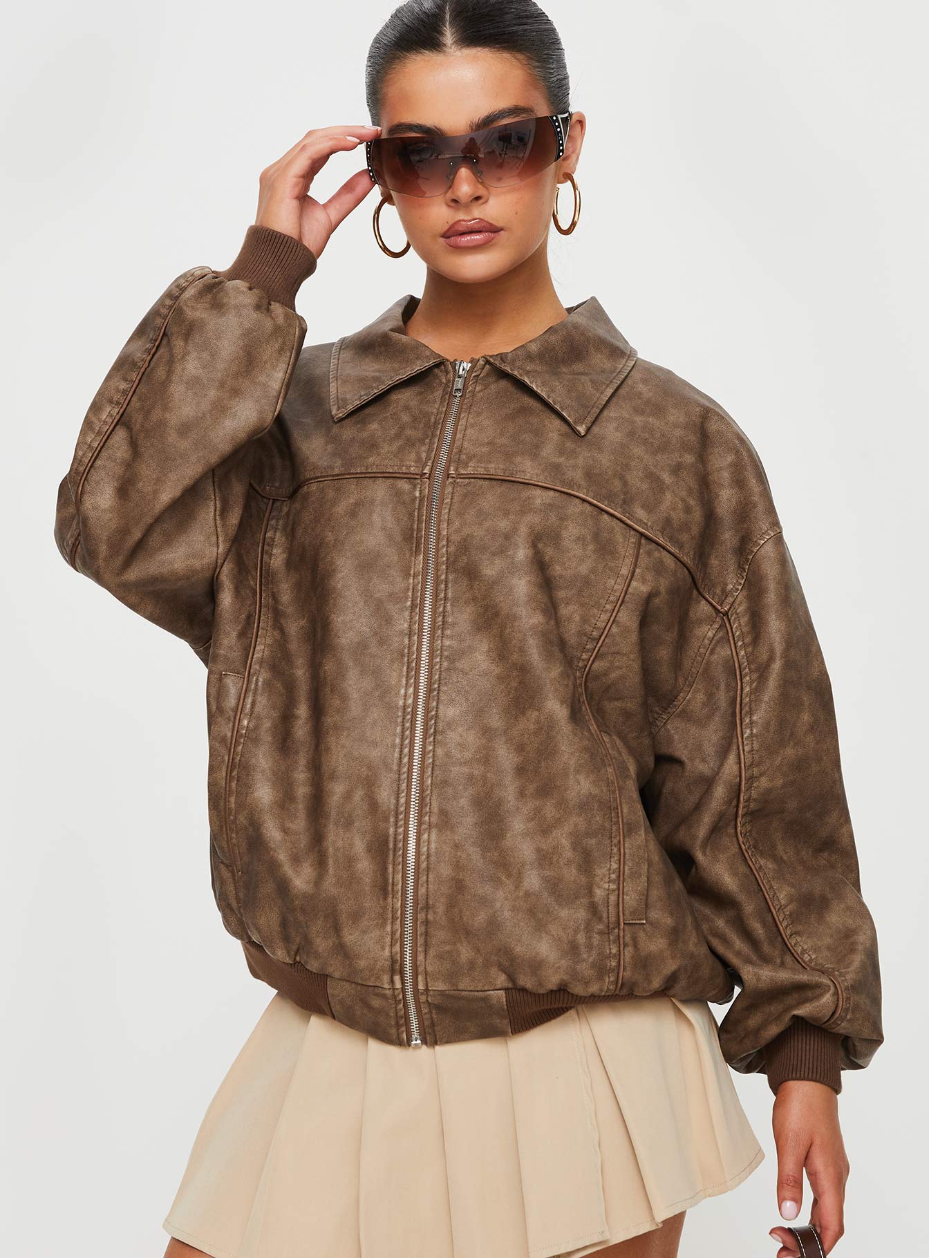 Goldsmith Faux Leather Bomber Jacket Washed Brown - Image 3