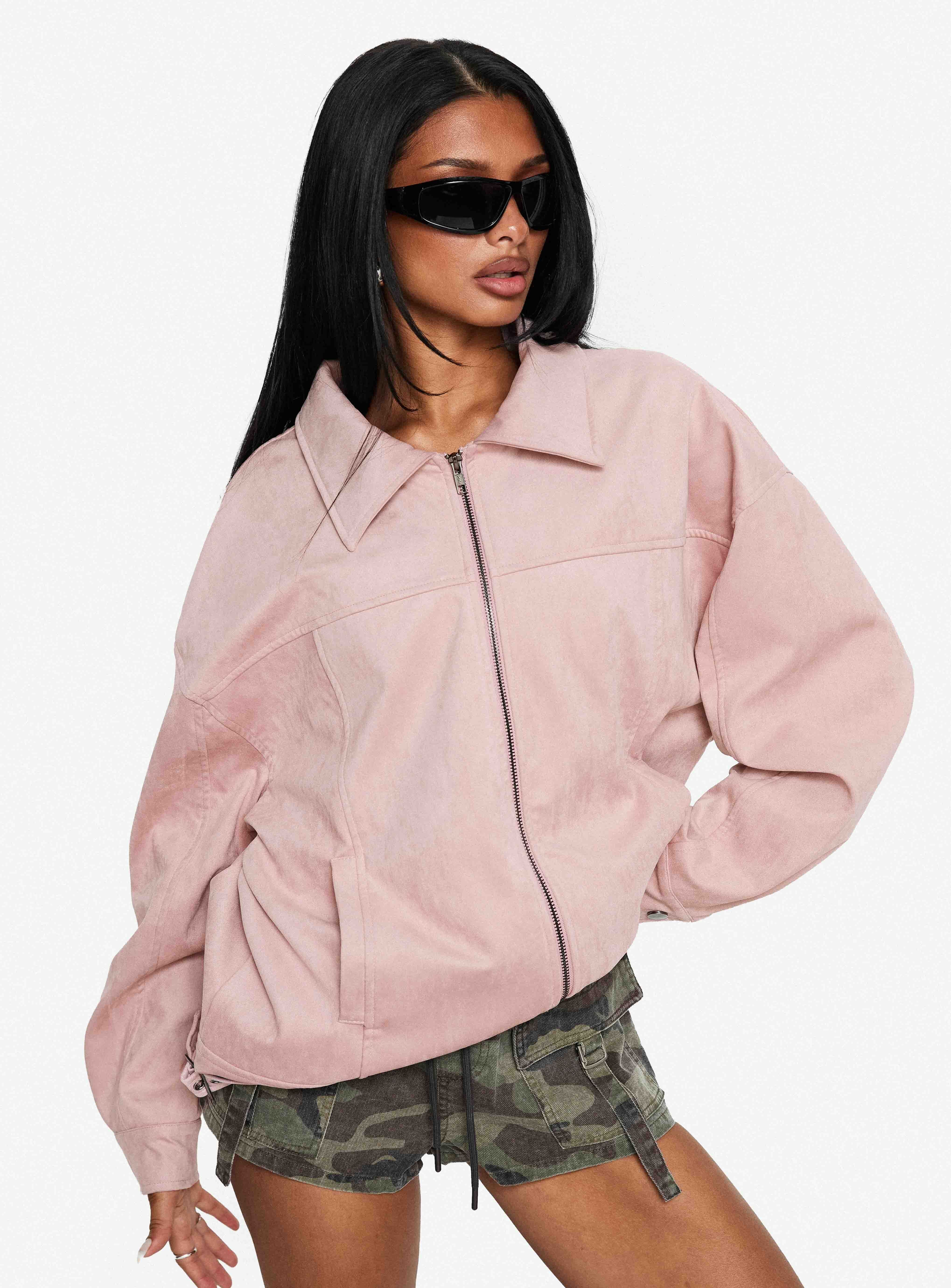 Goldsmith Faux Suede Bomber Jacket Pink - Image 8