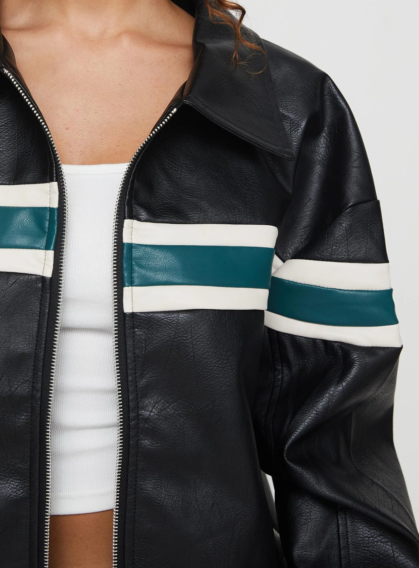 Goldsmith Faux Leather Bomber Jacket Black / Green - Image 6