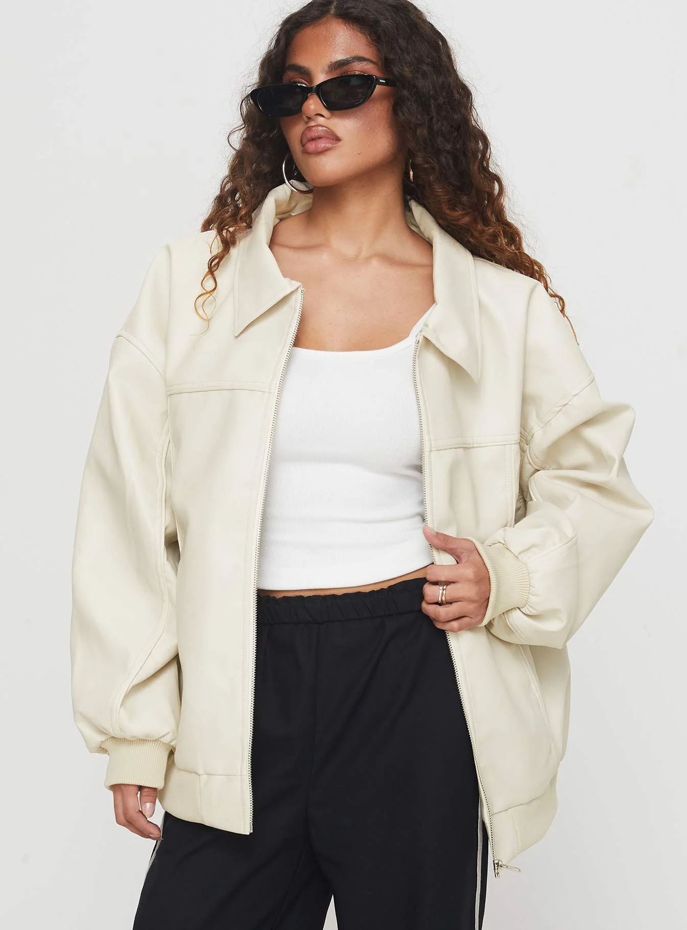Goldsmith Faux Leather Bomber Jacket Cream - Image 2