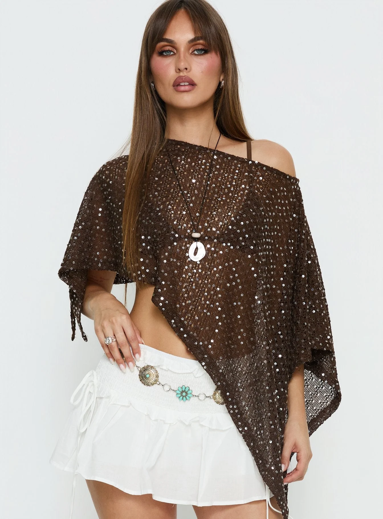 Grotto Asymmetrical Boat Neck Poncho Brown Sparkle - Image 2