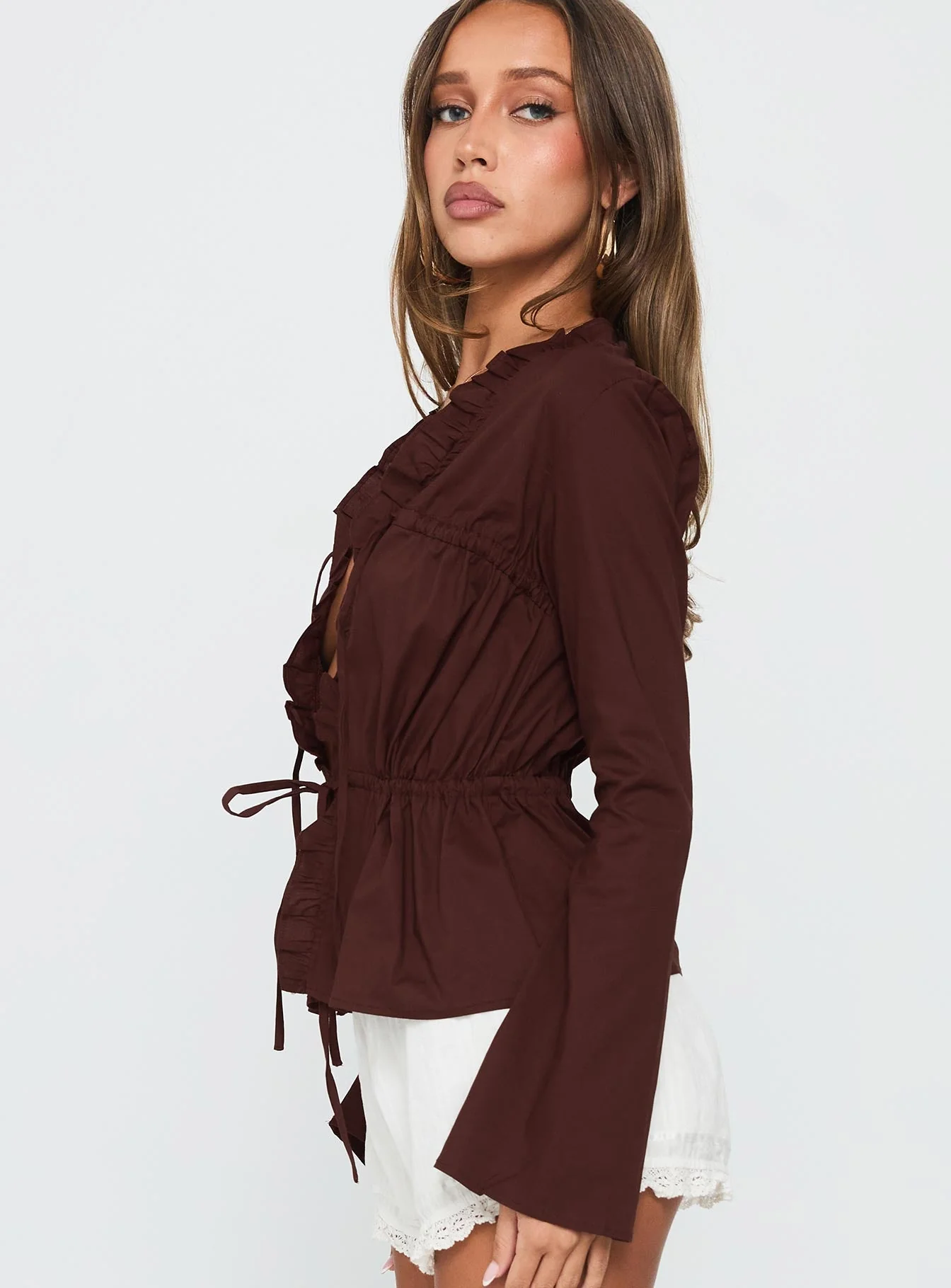 Harloe Ruched Tie Up Long Sleeve Top Chocolate - Image 3