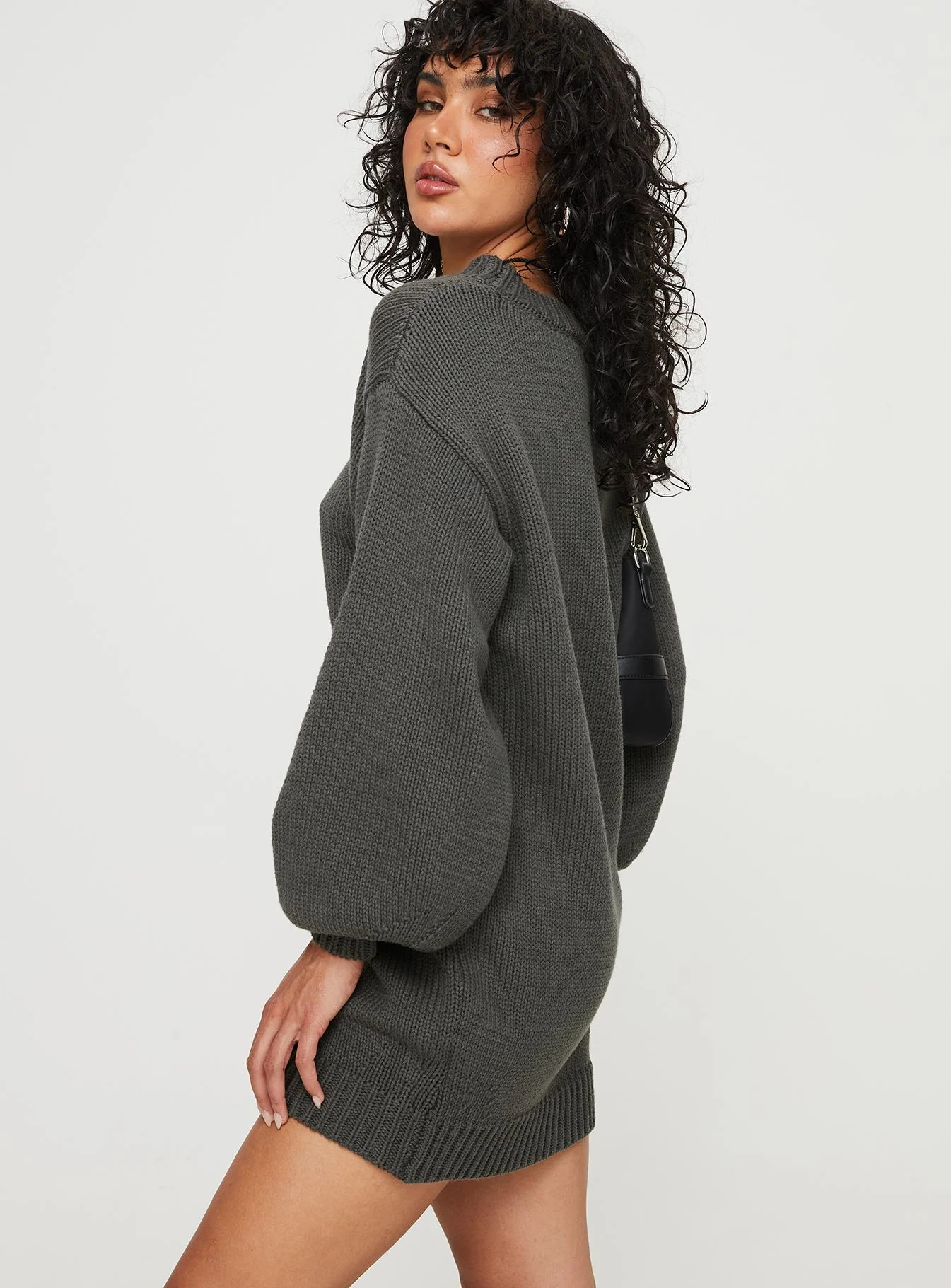 Harmony Balloon Sleeve Knit Mini Dress Charcoal - Image 3