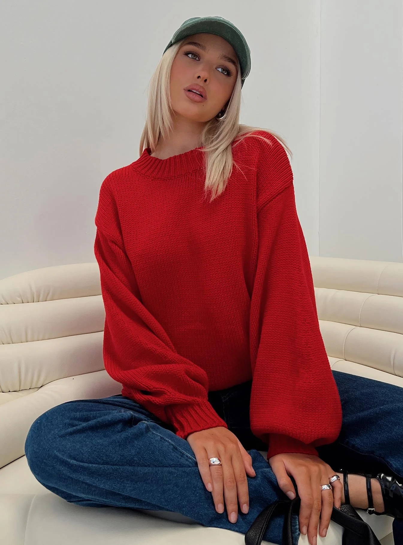 Harmony Balloon Sleeve Knit Sweater Red - Image 8