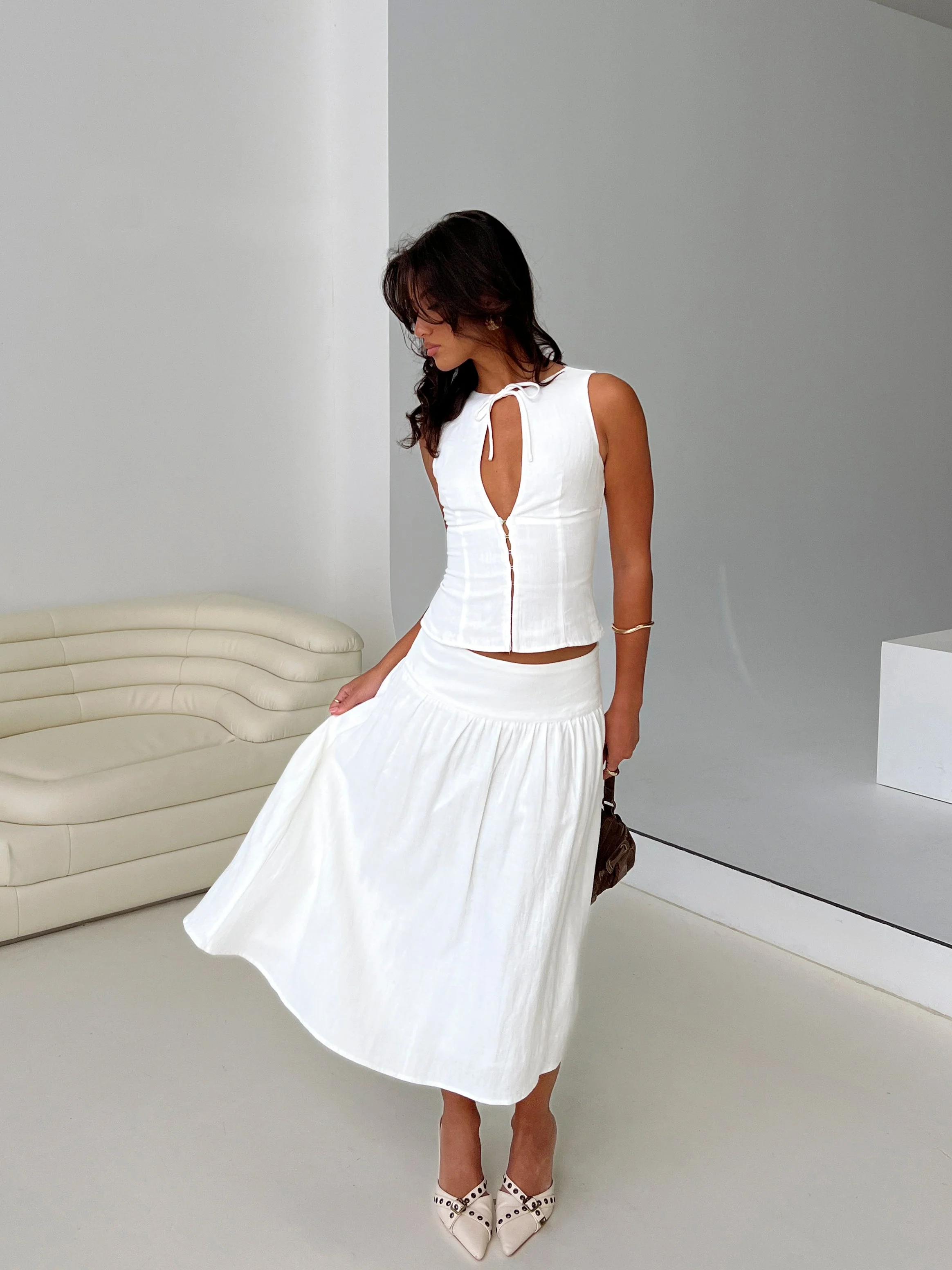 Heart Of Gold Linen Blend Midi Skirt White - Image 8