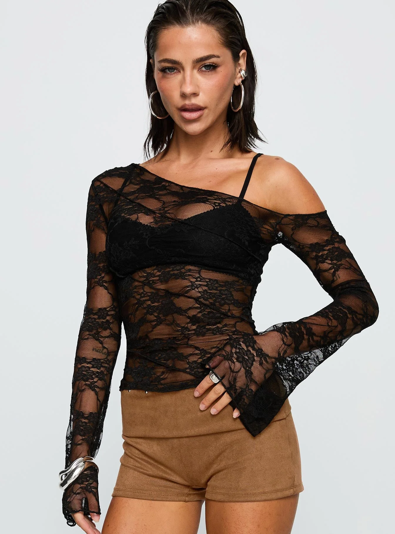 How Ironic One Shoulder Lace Top Black - Image 2