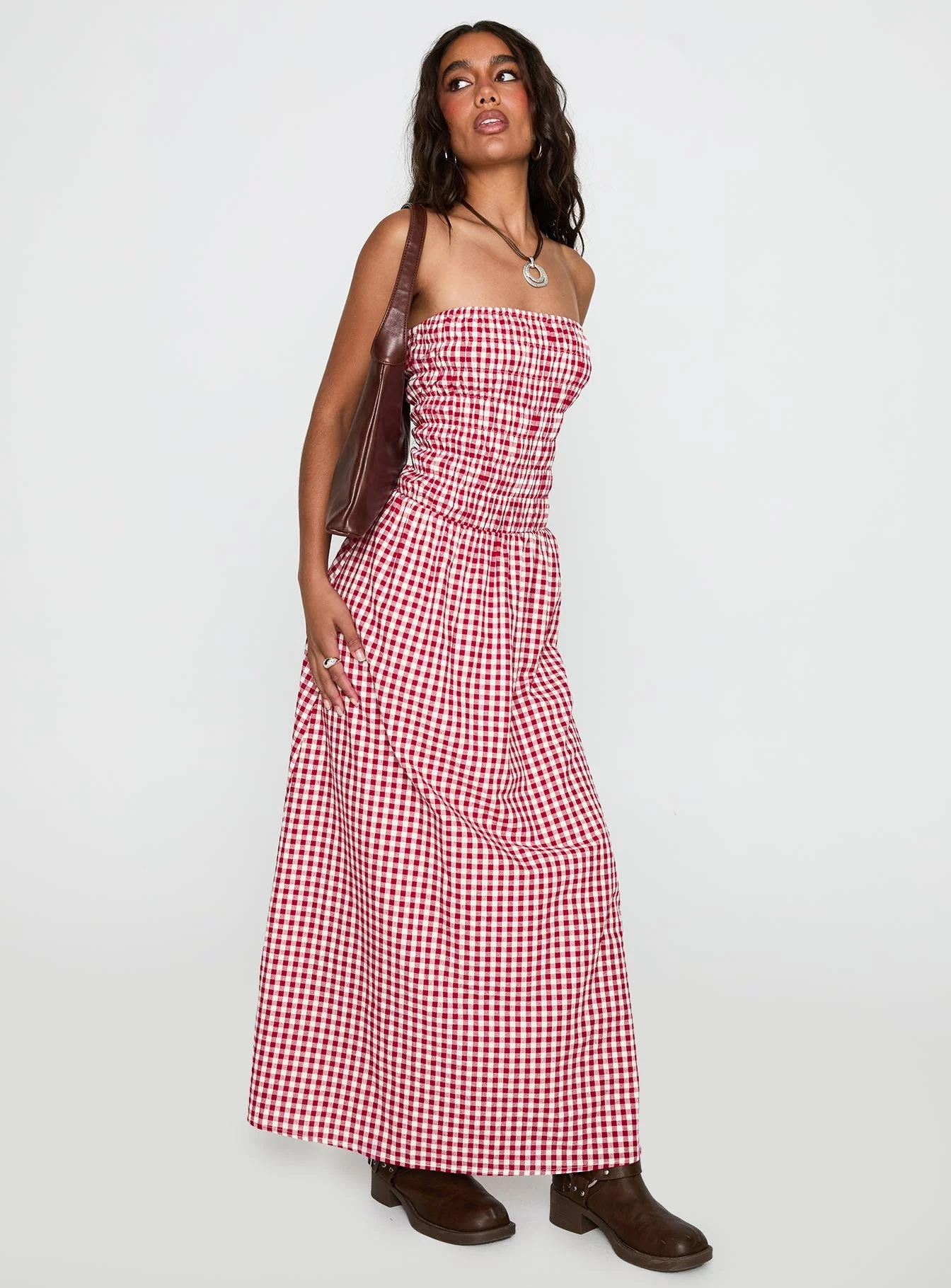 Human Nature Strapless Maxi Dress Red Check - Image 2