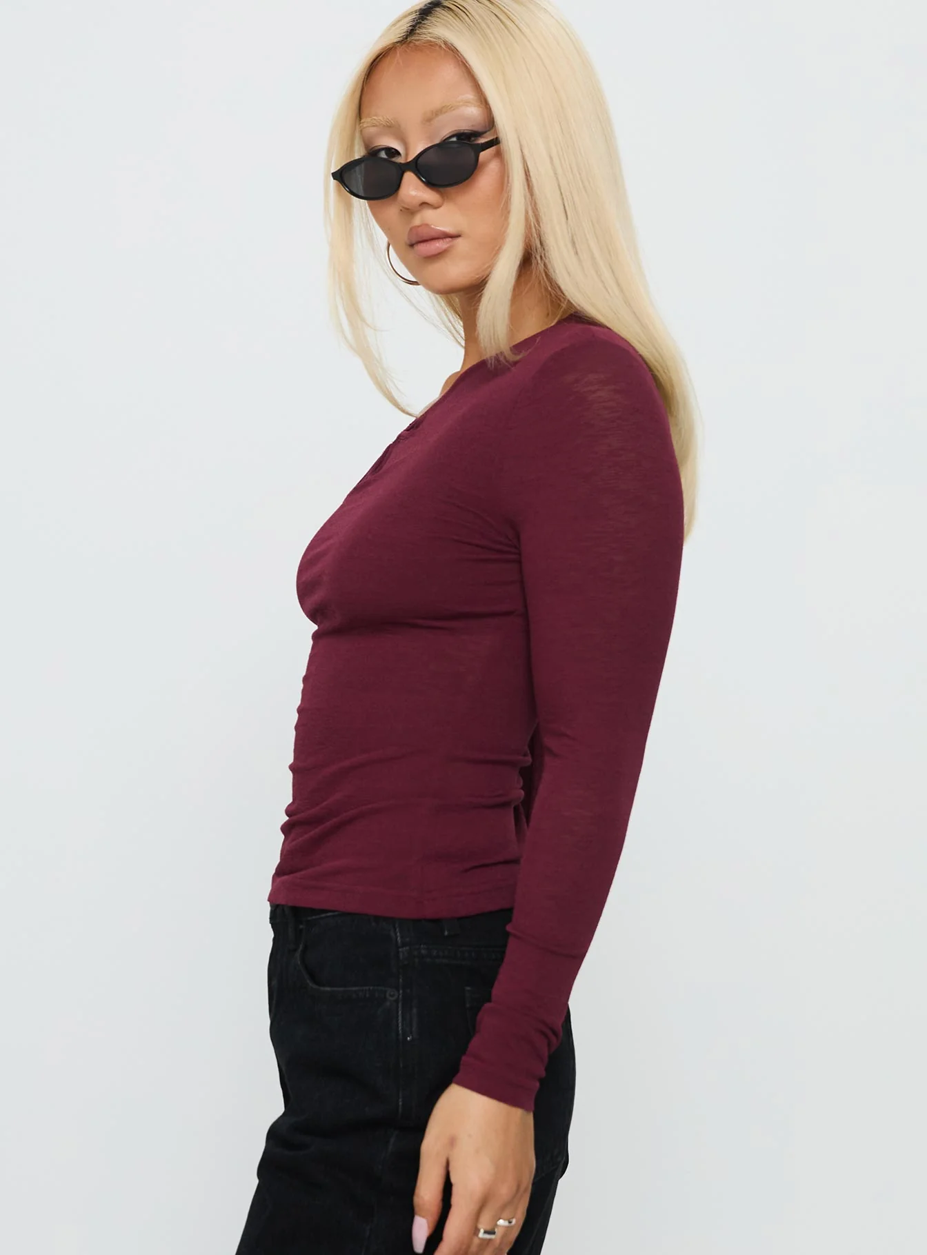 Iced Out Long Sleeve Off Shoulder Top Currant - Image 3
