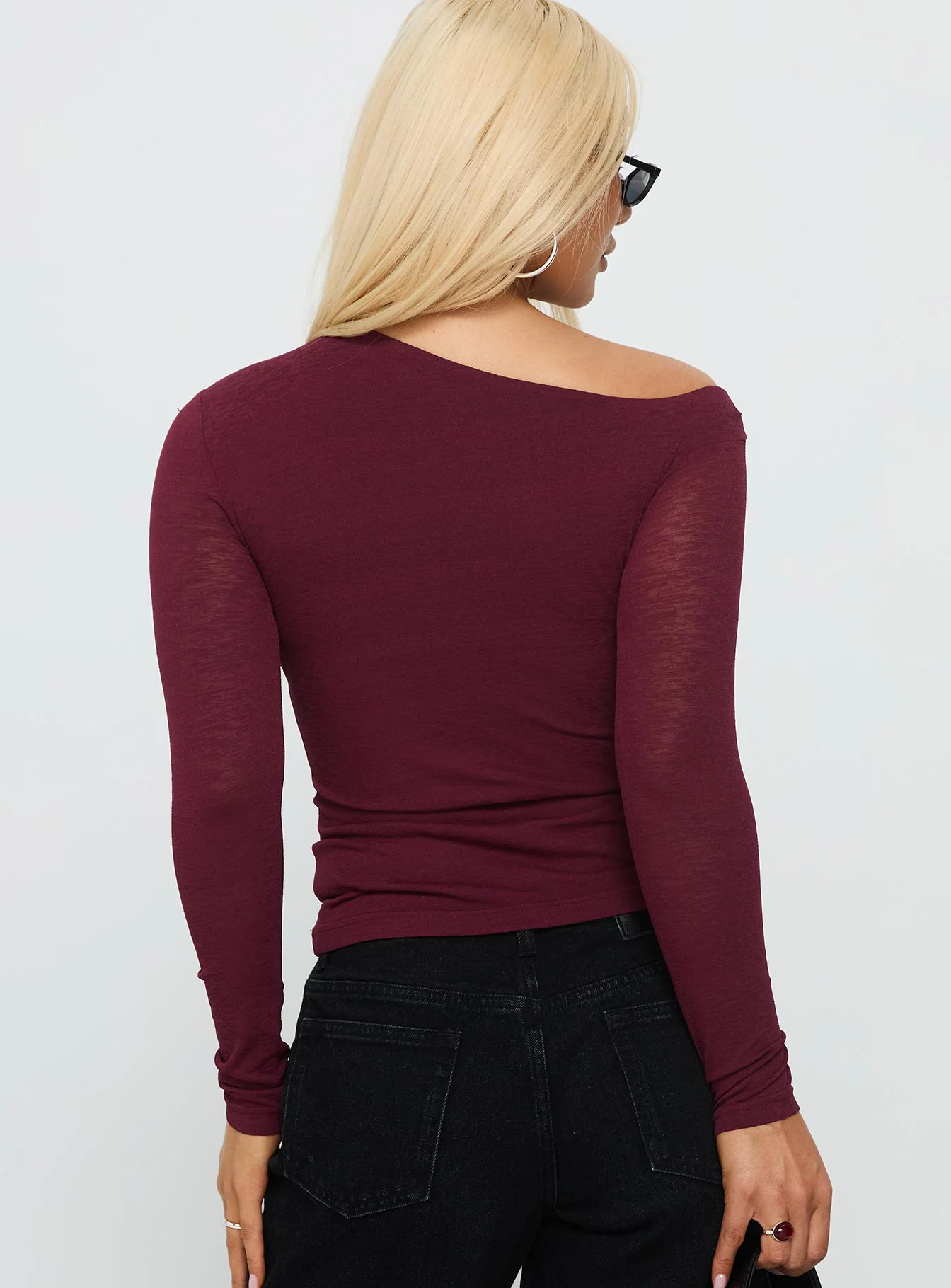 Iced Out Long Sleeve Off Shoulder Top Currant - Image 4