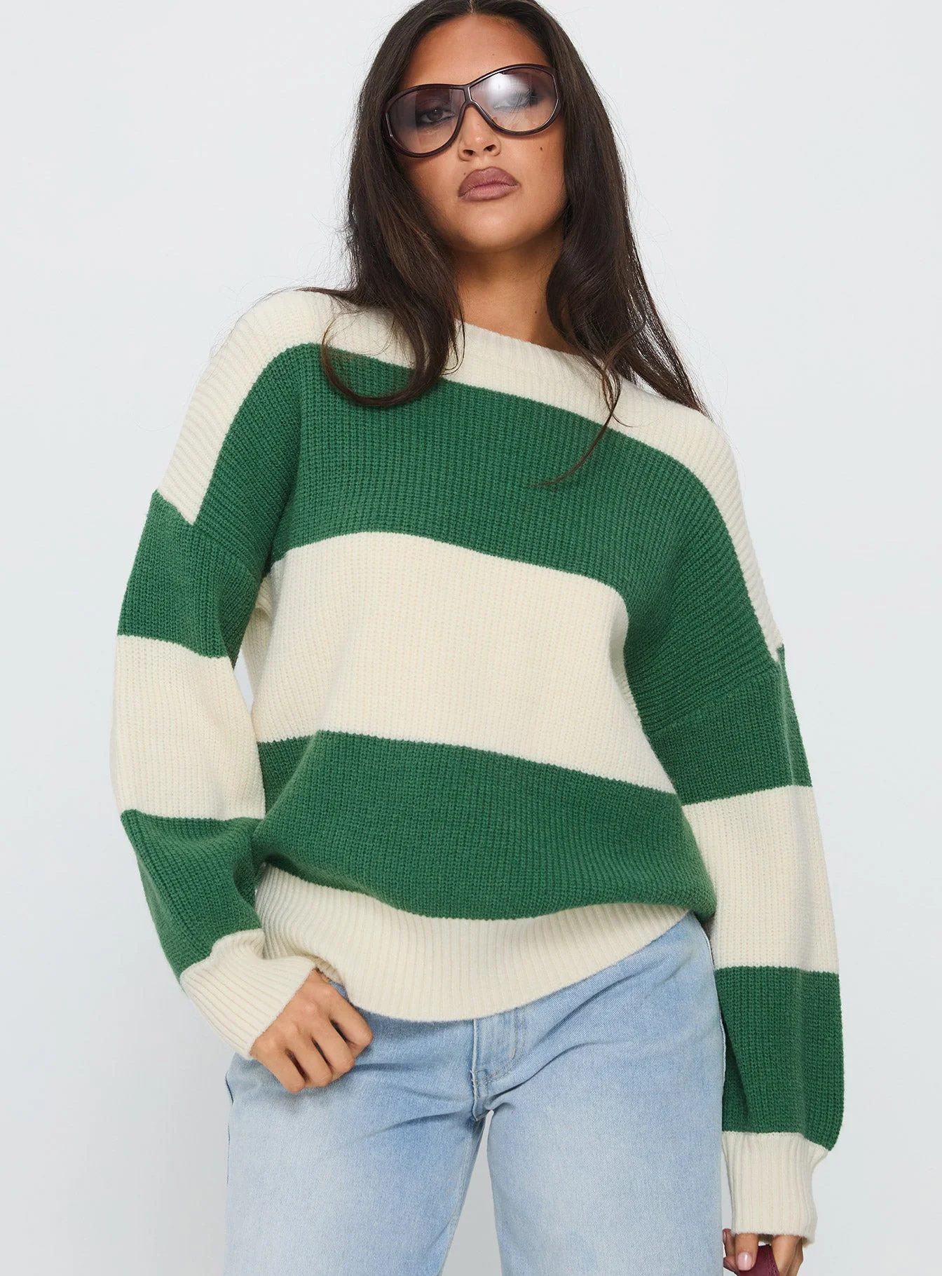 Infallible Crew Neck Knit Sweater Green / Cream Stripe - Image 2