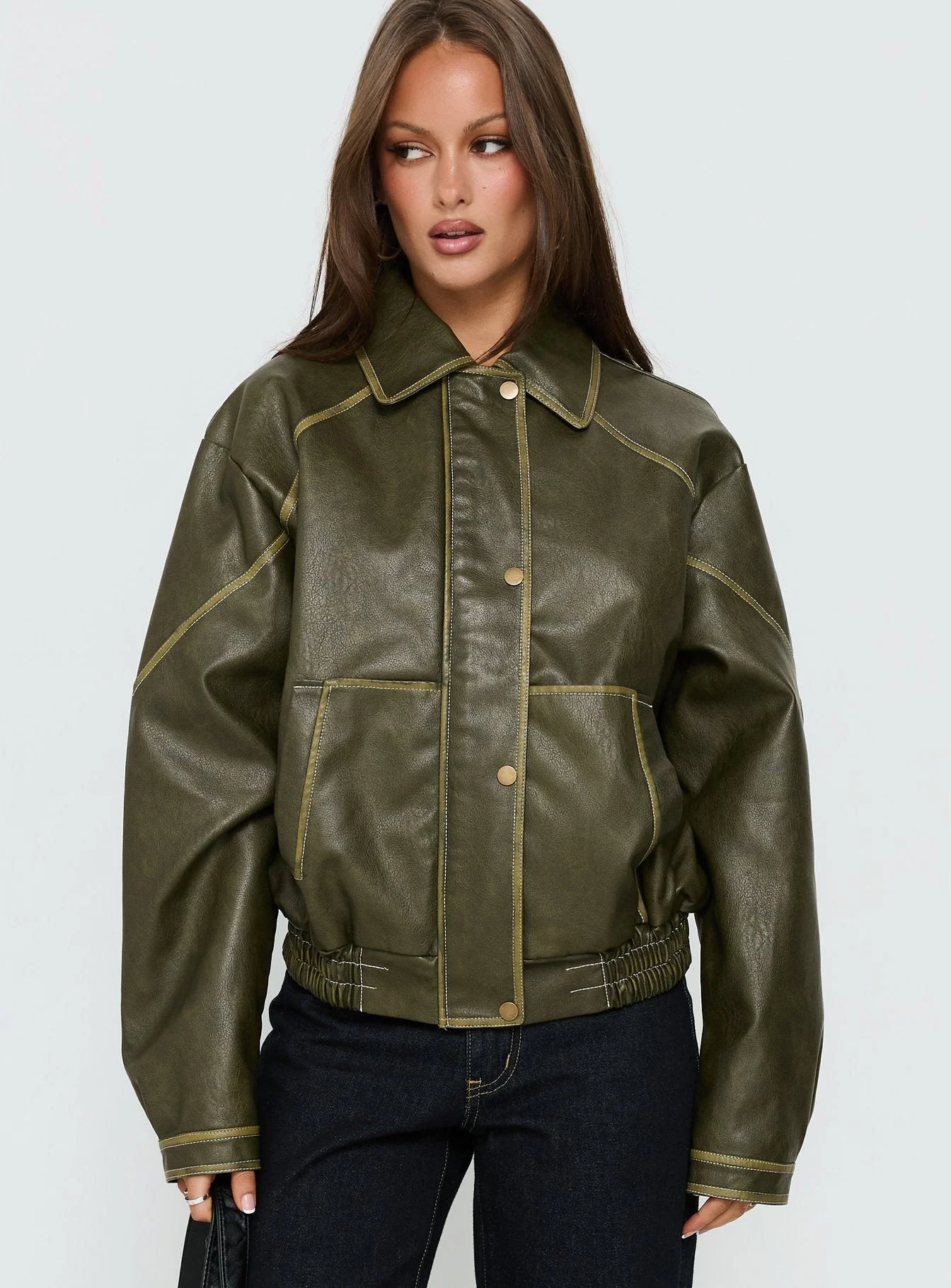 Jaxton Faux Leather Bomber Jacket Olive - Image 2