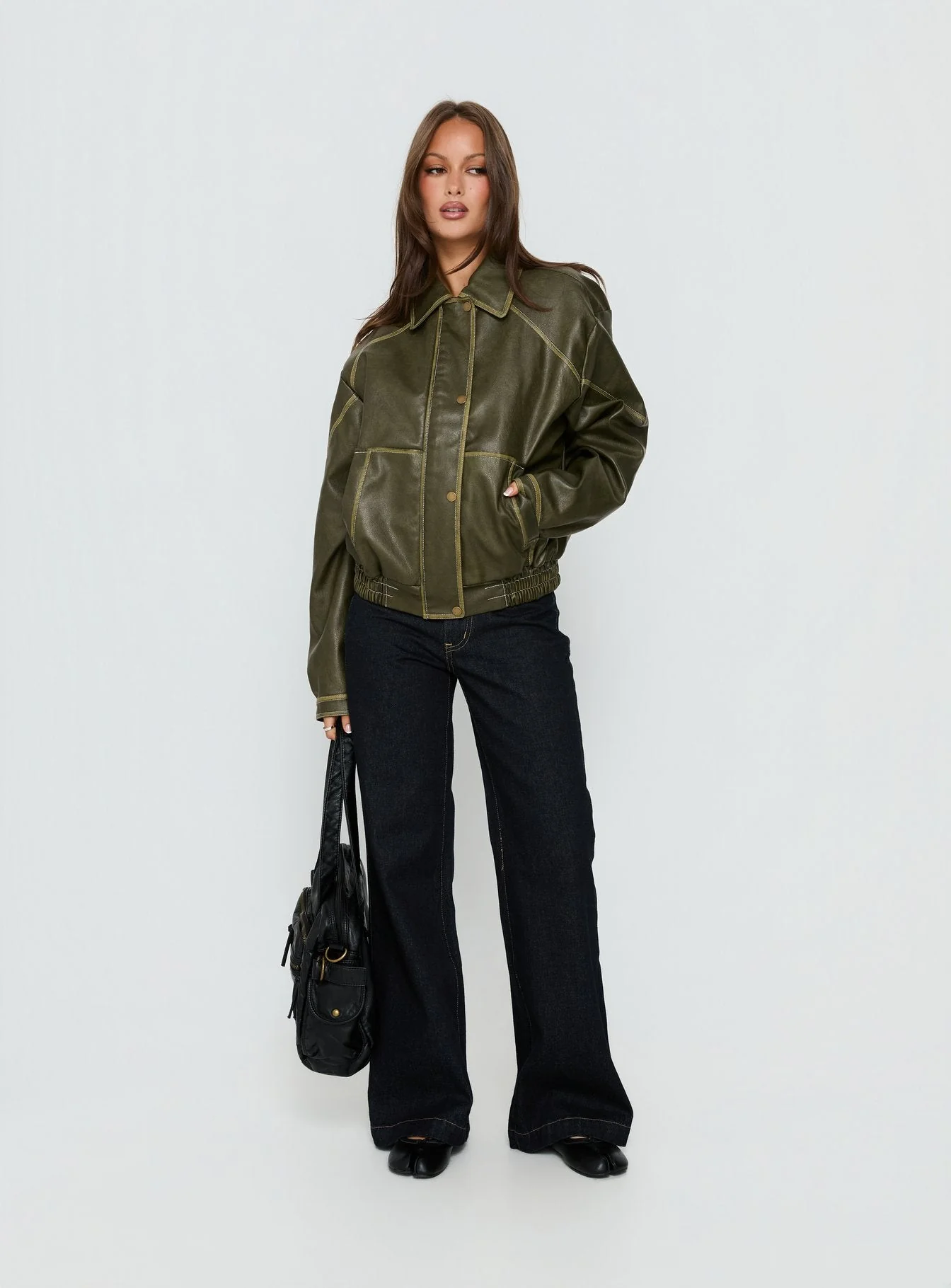 Jaxton Faux Leather Bomber Jacket Olive - Image 3