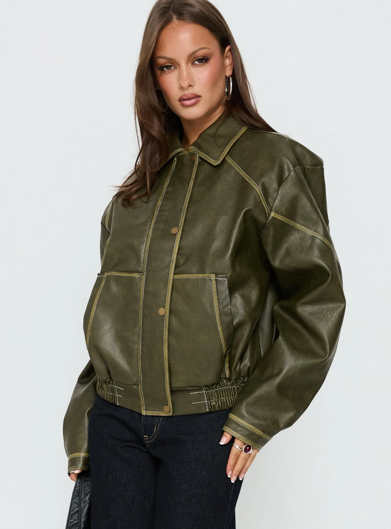 Jaxton Faux Leather Bomber Jacket Olive - Image 4