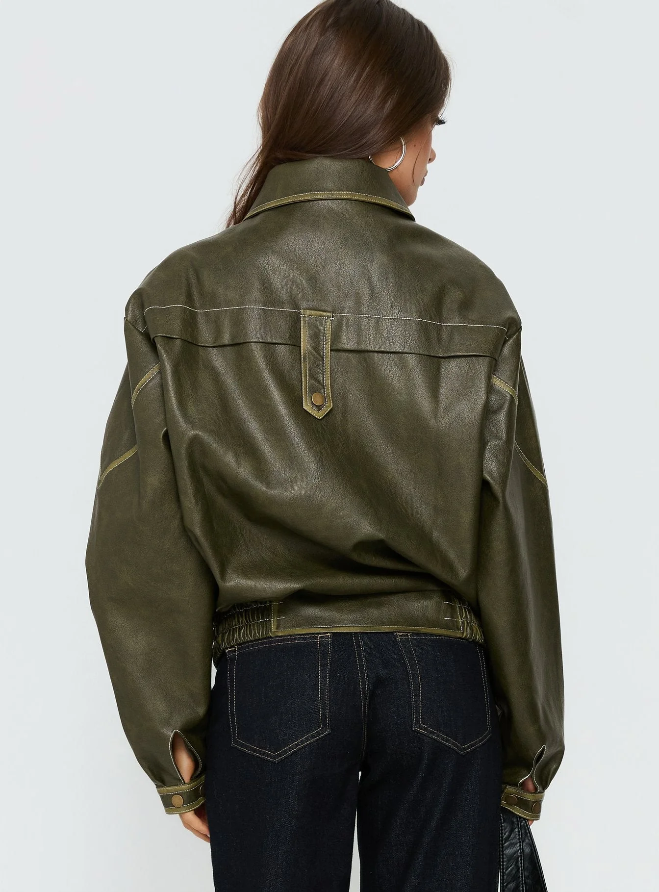 Jaxton Faux Leather Bomber Jacket Olive - Image 5
