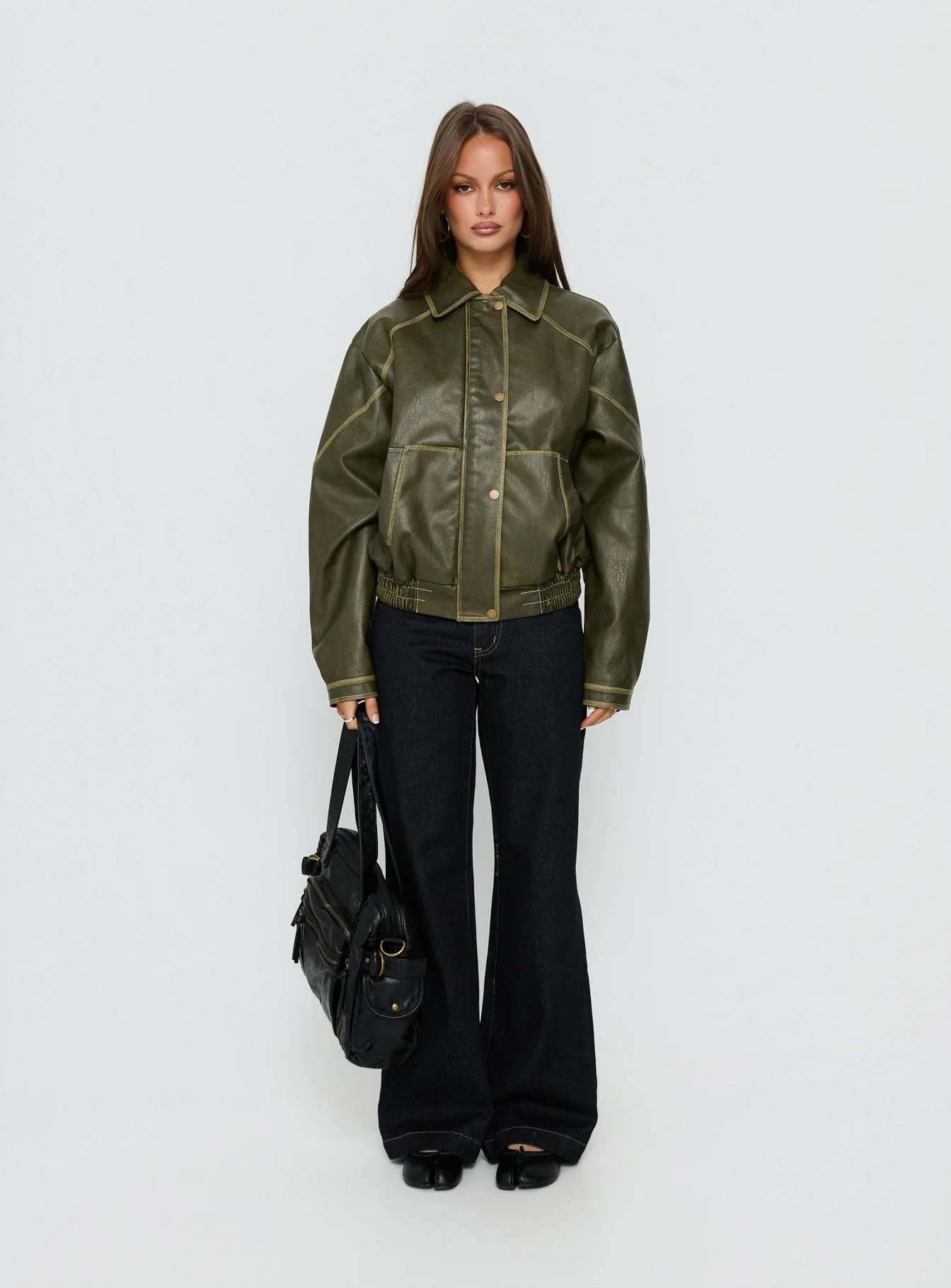 Jaxton Faux Leather Bomber Jacket Olive - Image 9