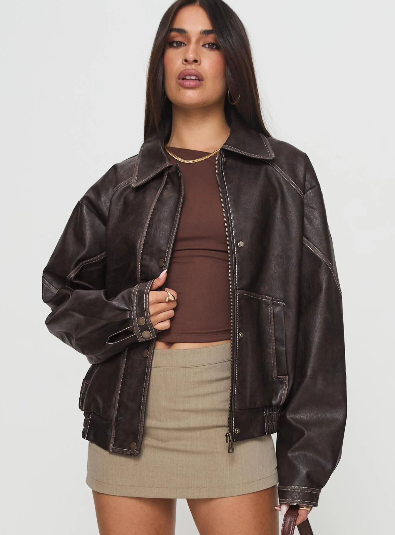 Jaxton Faux Leather Jacket Brown Petite - Image 2