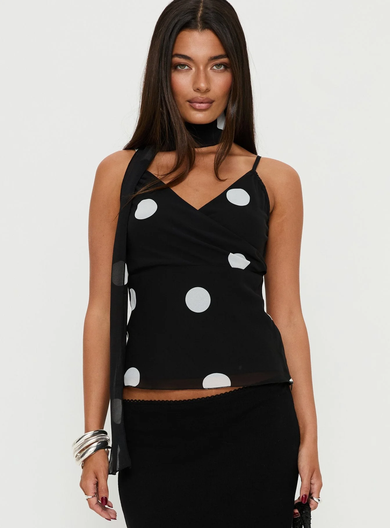 Jenae Scarf Detail Cami Top Black / White Polka - Image 2