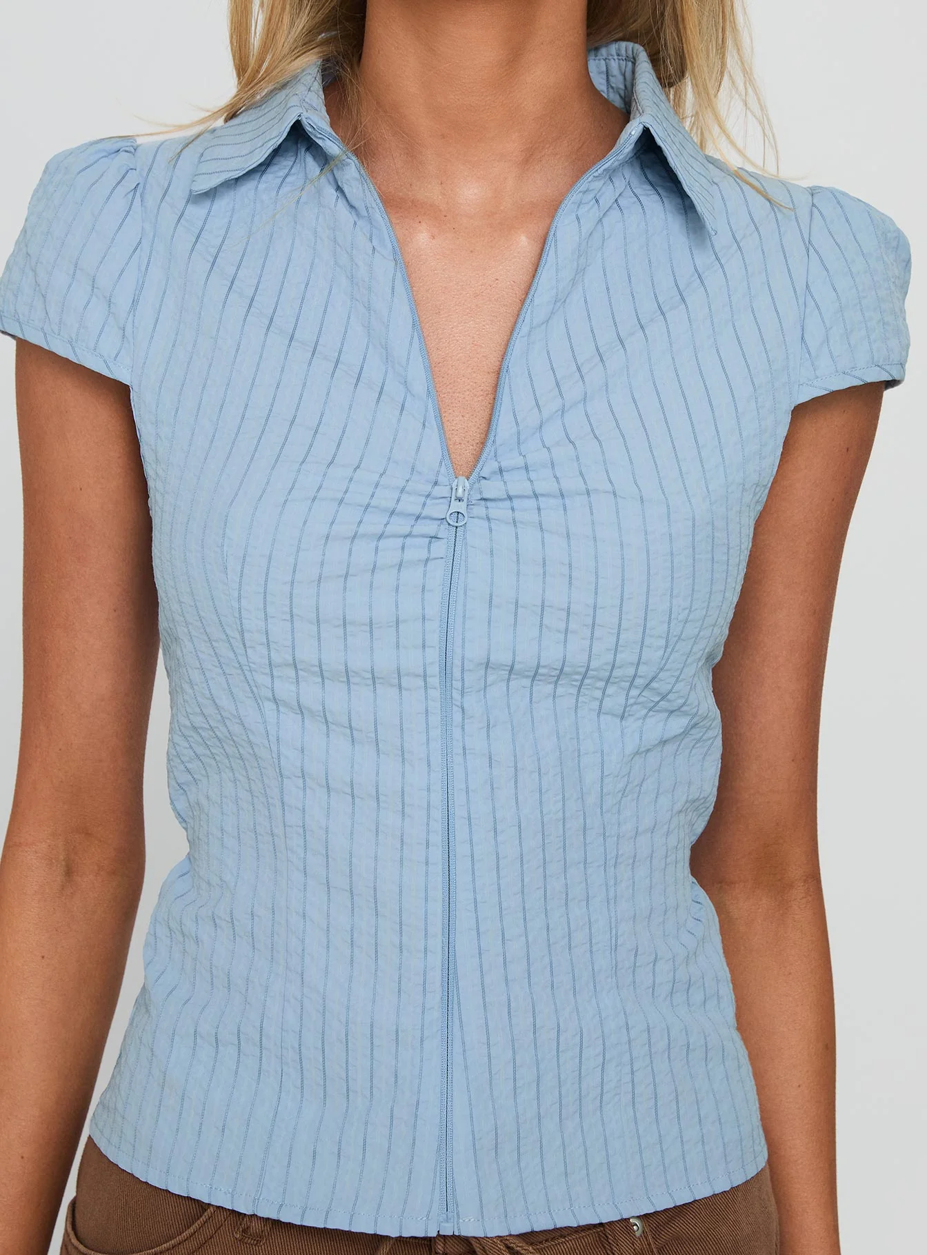 Jerrod Zip Up Short Sleeve Shirt Blue Stripe - Image 6