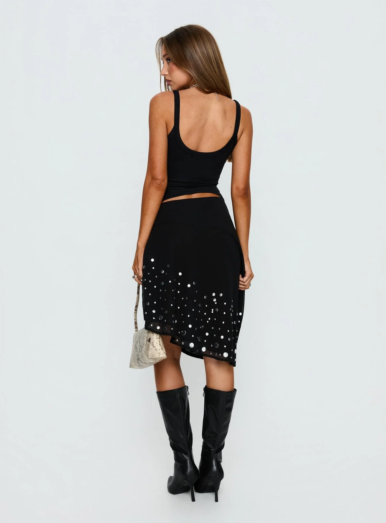 Jezabela Asymmetrical Stud Midi Skirt Black - Image 5