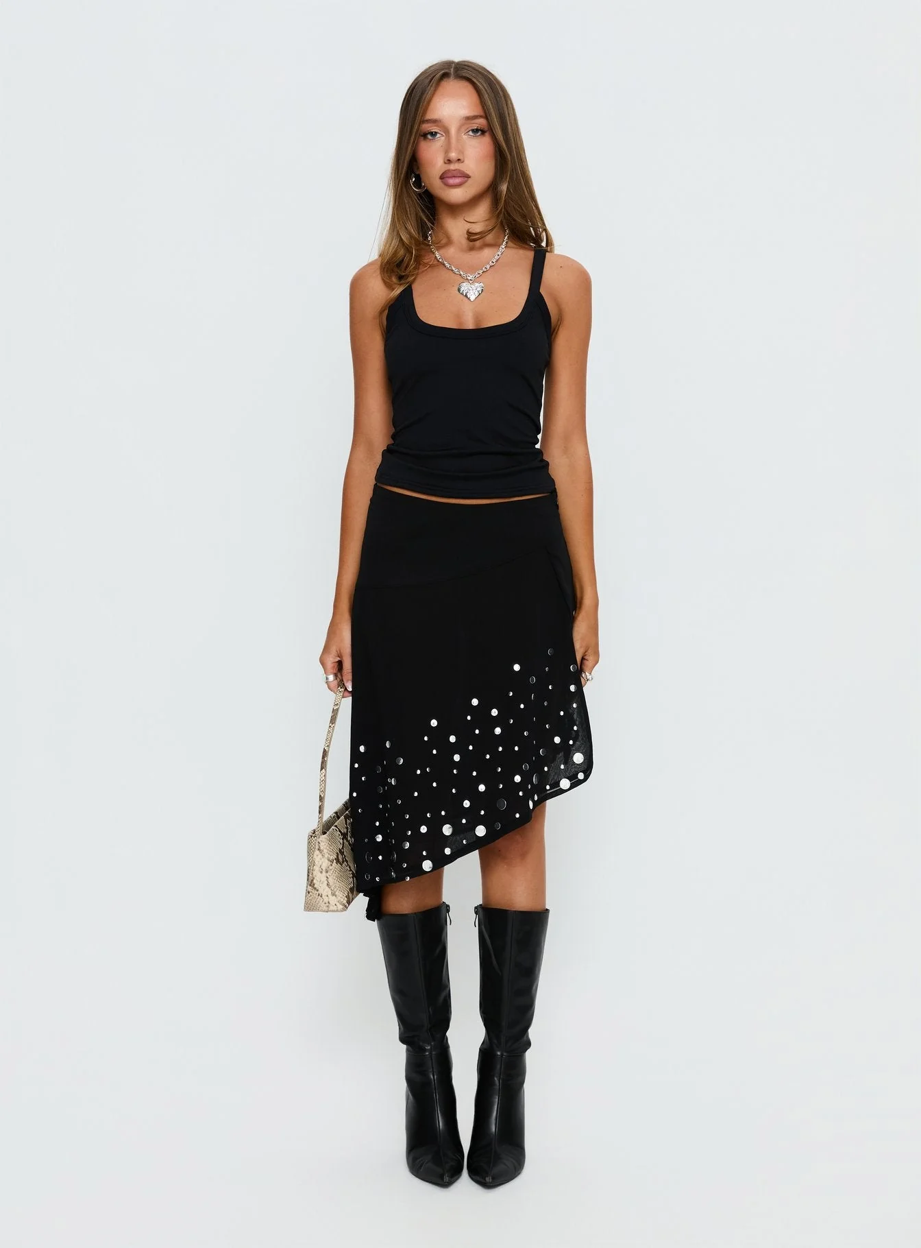 Jezabela Asymmetrical Stud Midi Skirt Black - Image 7