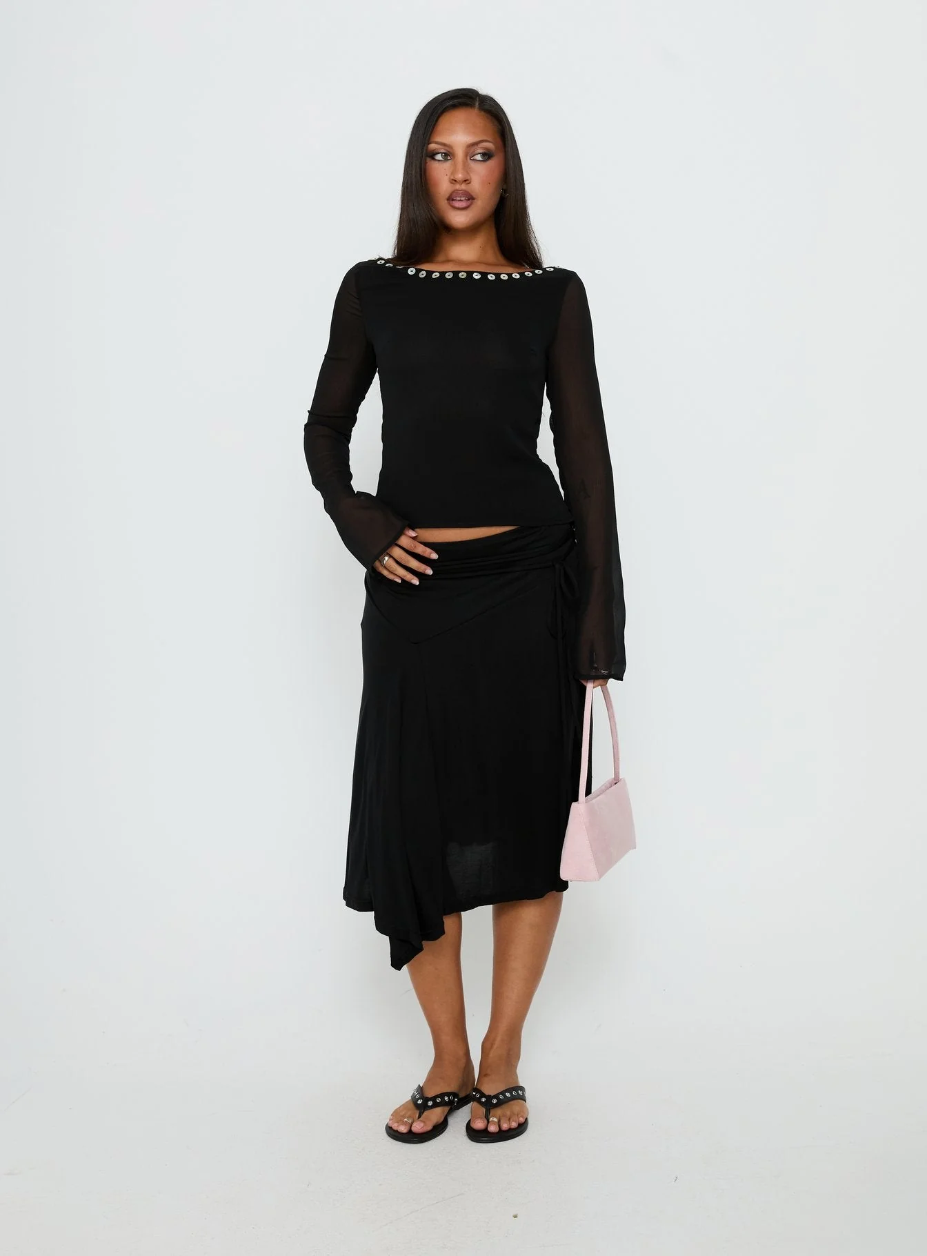 Joaney Tie Side Jersey Midi Skirt Black - Image 2