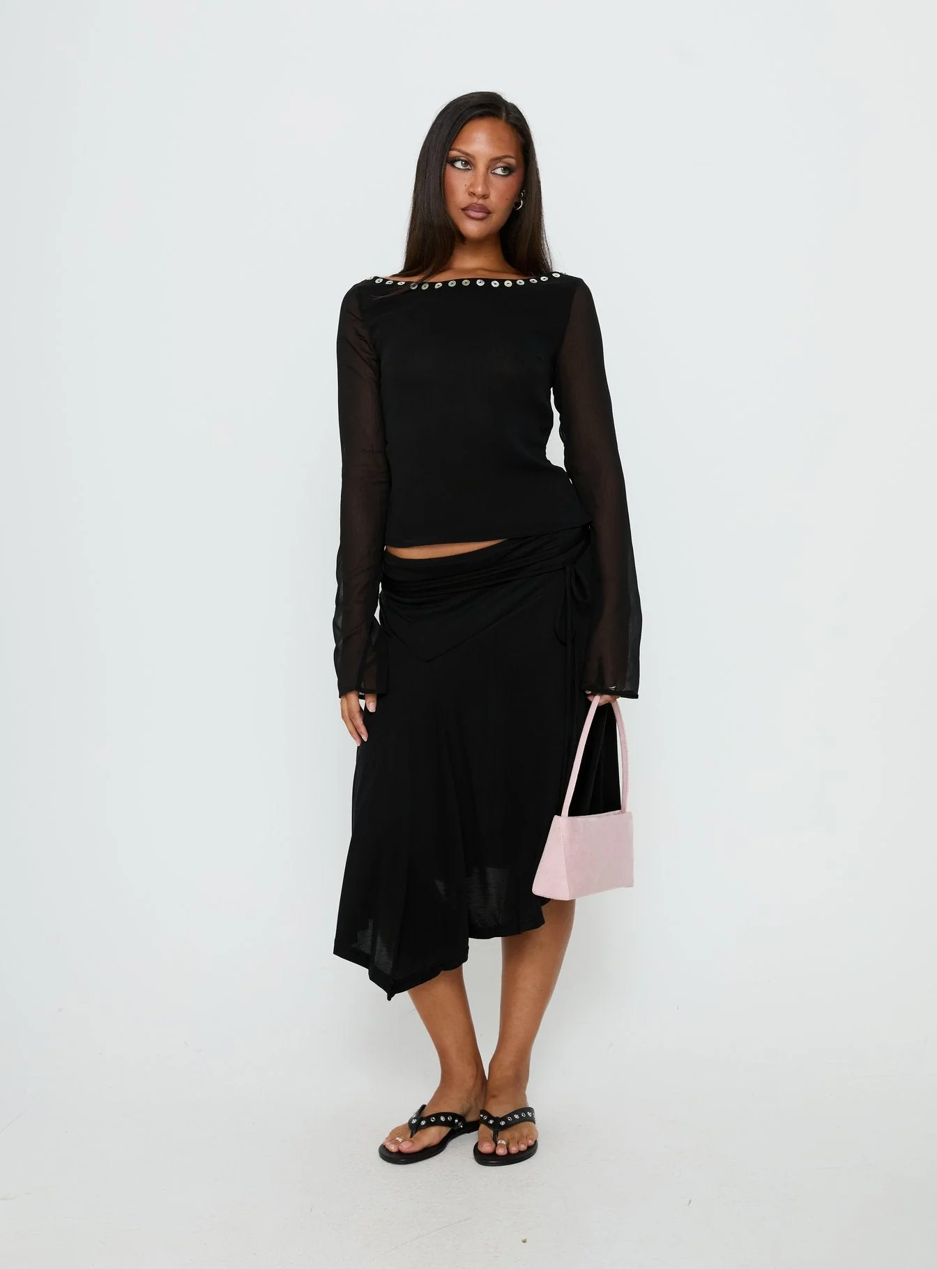 Joaney Tie Side Jersey Midi Skirt Black - Image 3