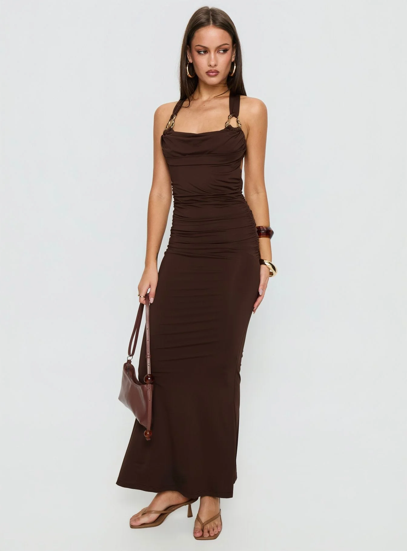 Josefa Ruched Hardware Maxi Dress Chocolate - Image 3