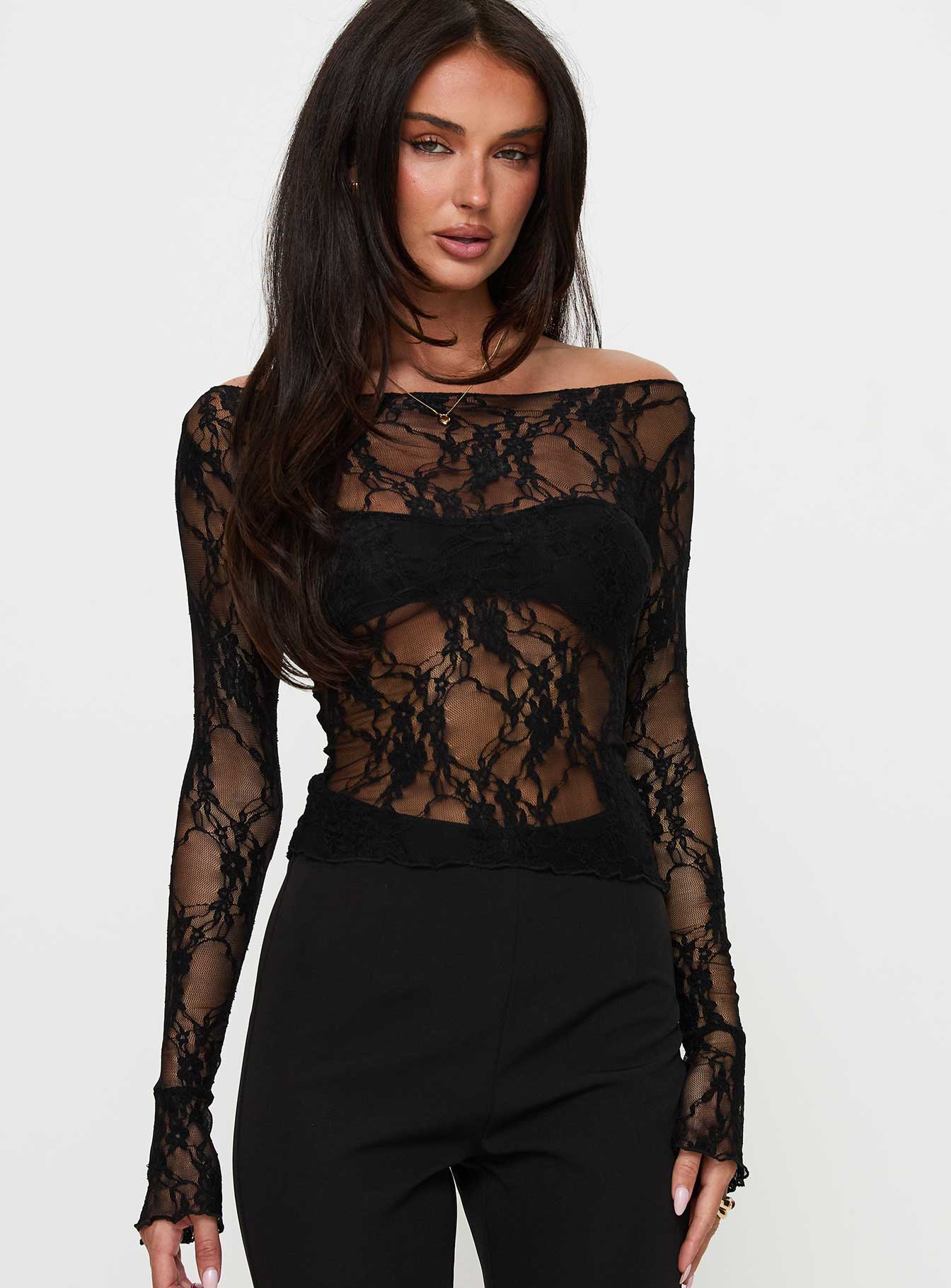 Junah Sheer Lace Long Sleeve Top Black - Image 2