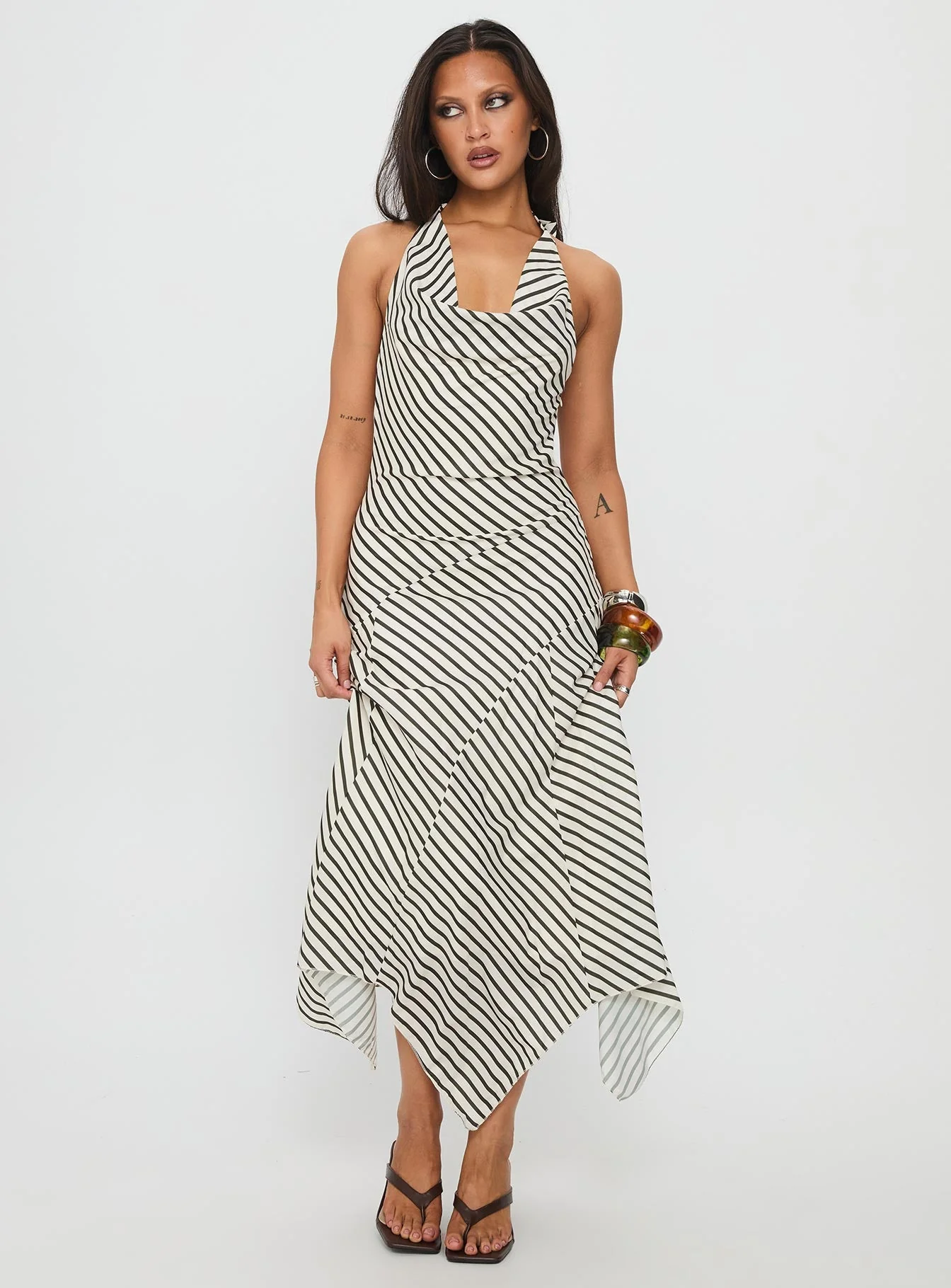 Junipa Halter Asymmetrical Maxi Dress White Stripe - Image 2