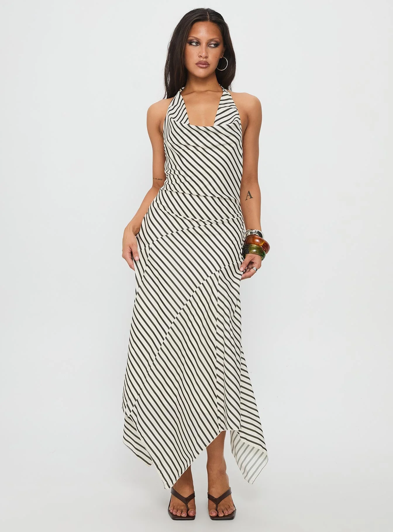 Junipa Halter Asymmetrical Maxi Dress White Stripe - Image 3