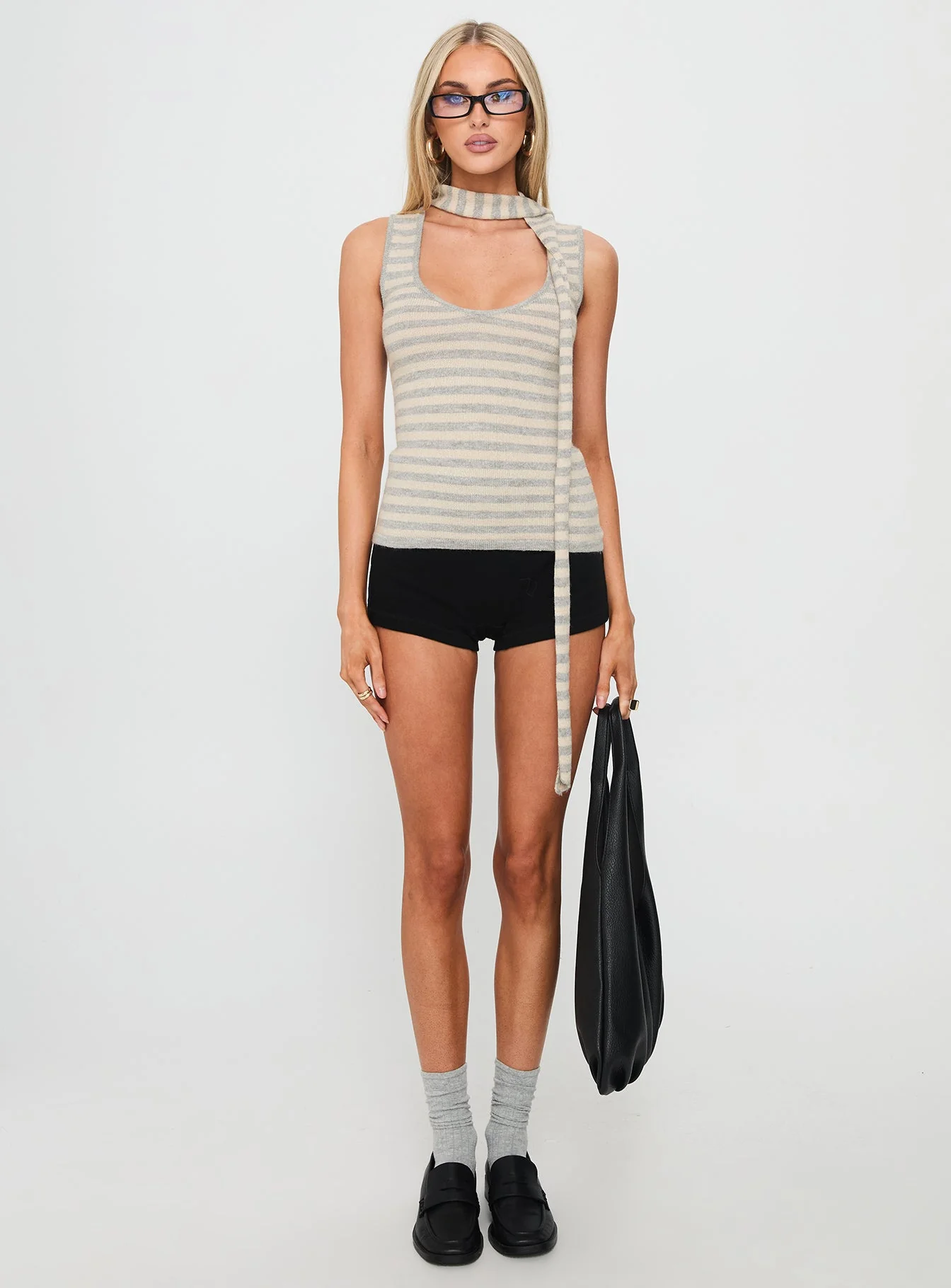 Roana Reversible Scarf Tie Knit Top Grey Stripe - Image 7