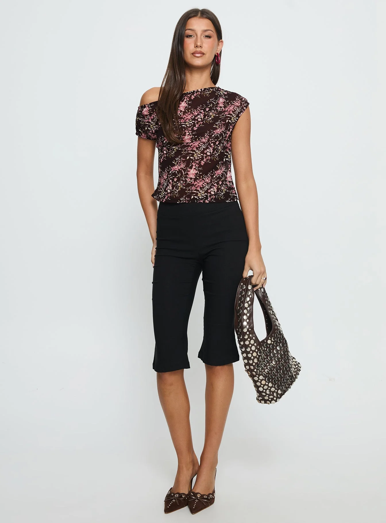 Justyna Sheer Top Off Shoulder Top Brown / Pink Floral - Image 2