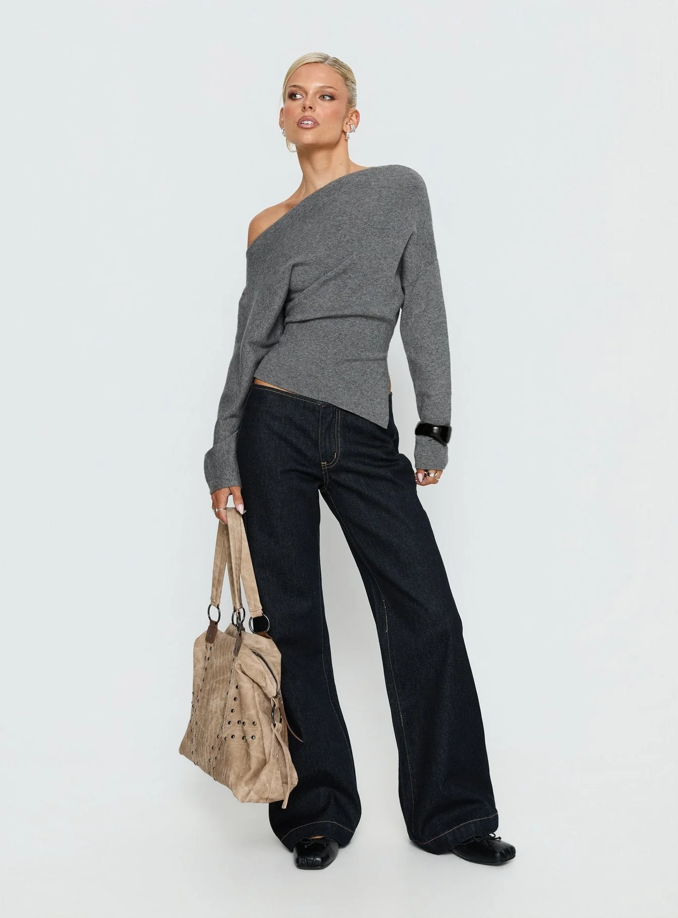 Kaelith Off shoulder Knit Sweater Dark Grey - Image 3