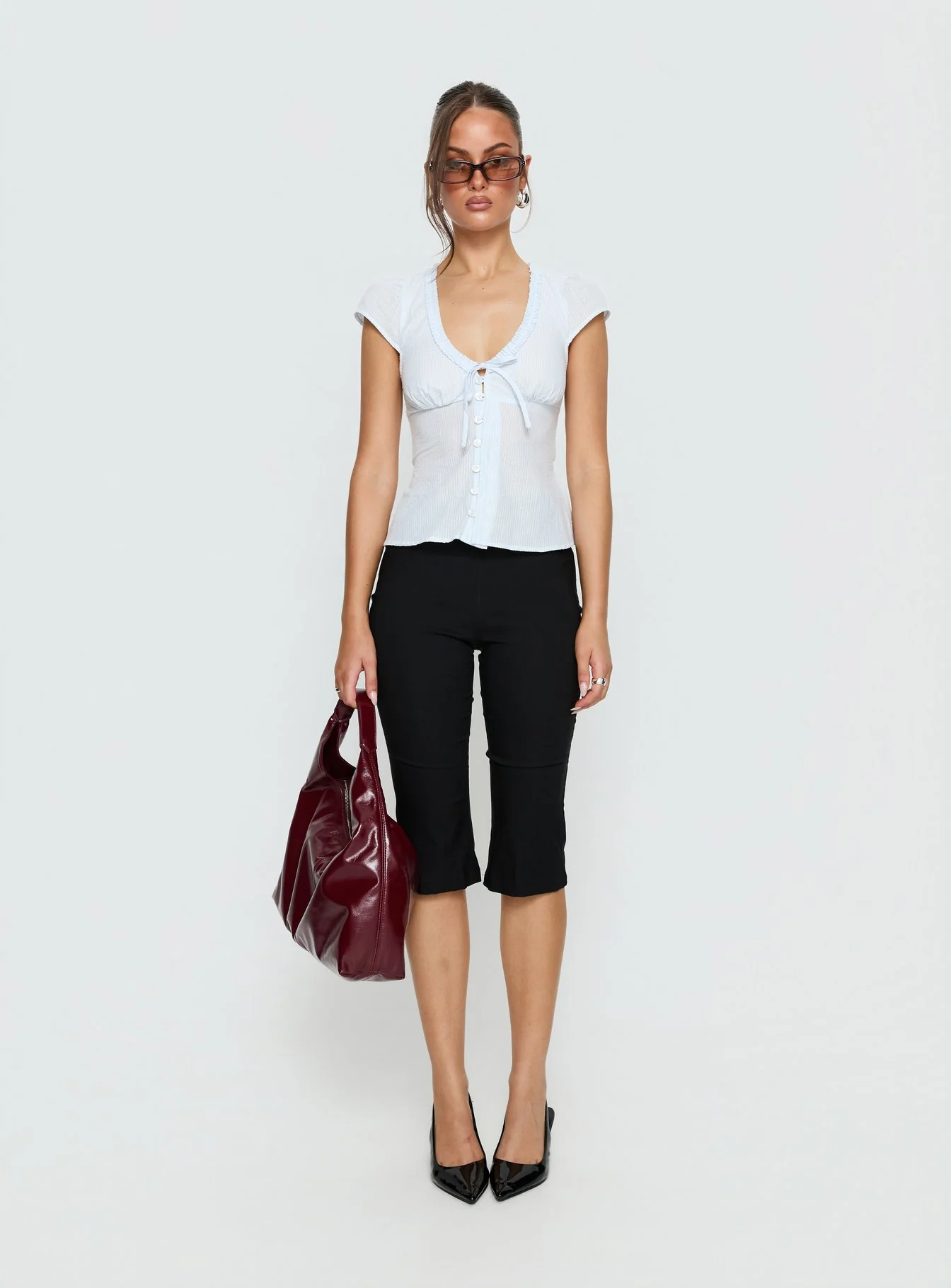 Kalysa Ruffle Short Sleeve Blouse Top Blue Stripe - Image 7