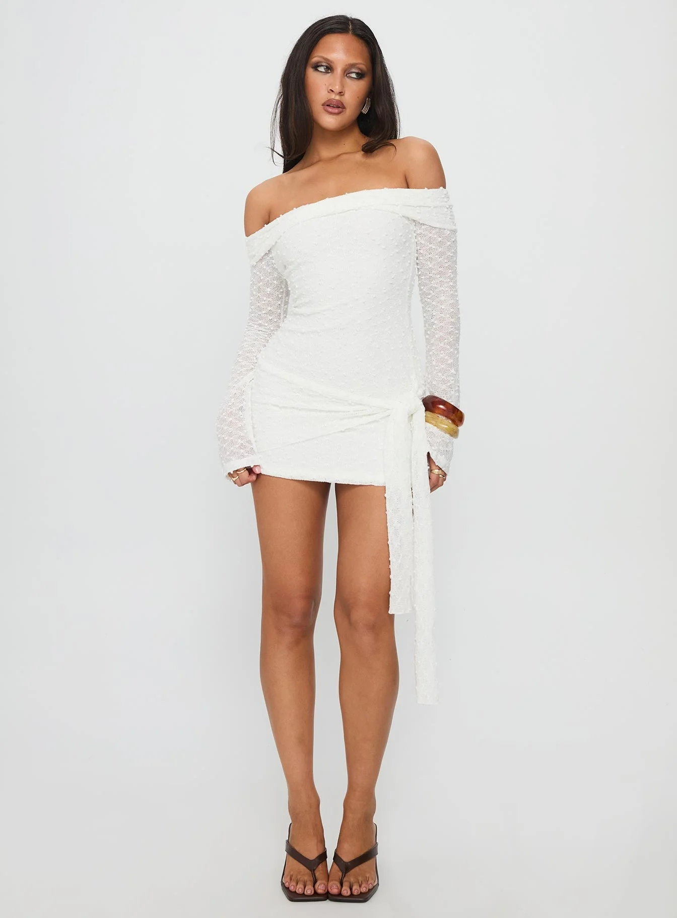 Karmin Long Sleeve Boucle Mini Dress White - Image 3
