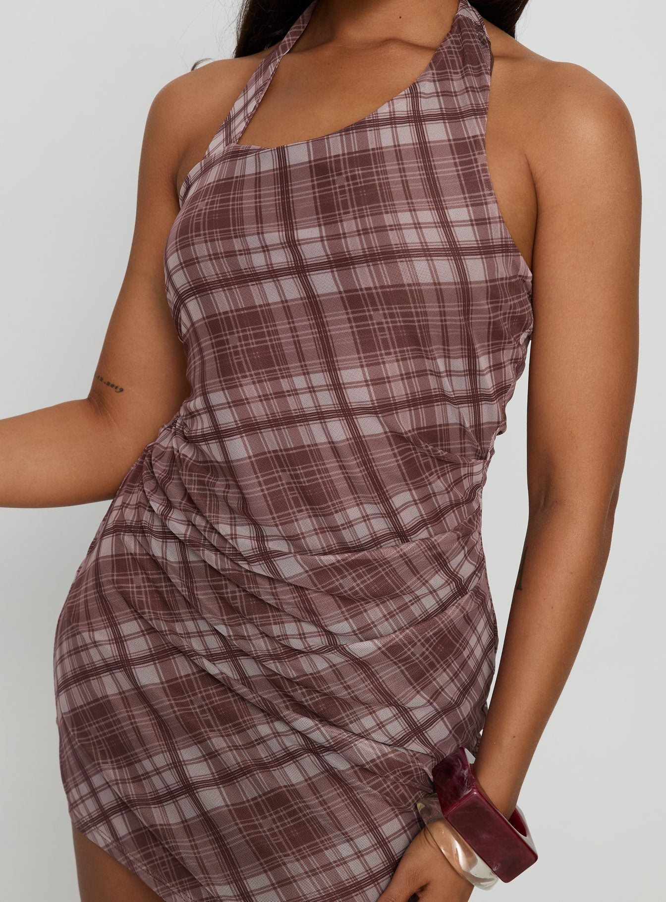 Kastles Halter Cut Out Mini Dress Brown Check - Image 5