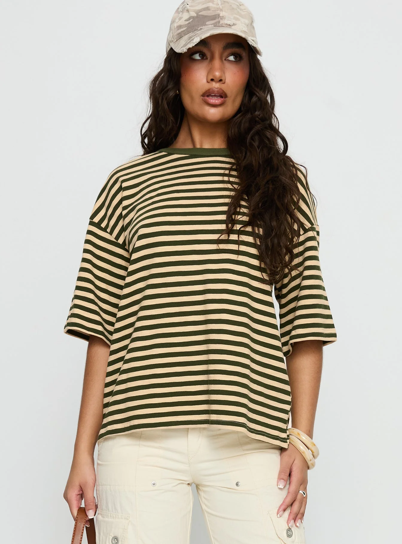 Settle Down Short Sleeve Top Green / Cream Stripe - Image 2