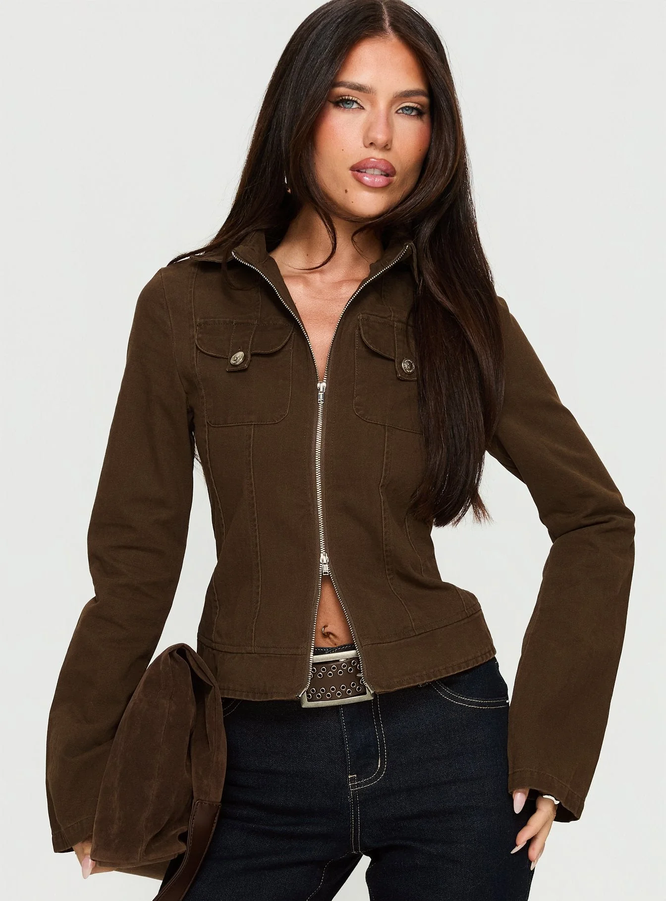 Kelehan Long Sleeve Zip Front Jacket Stonewashed Brown - Image 2