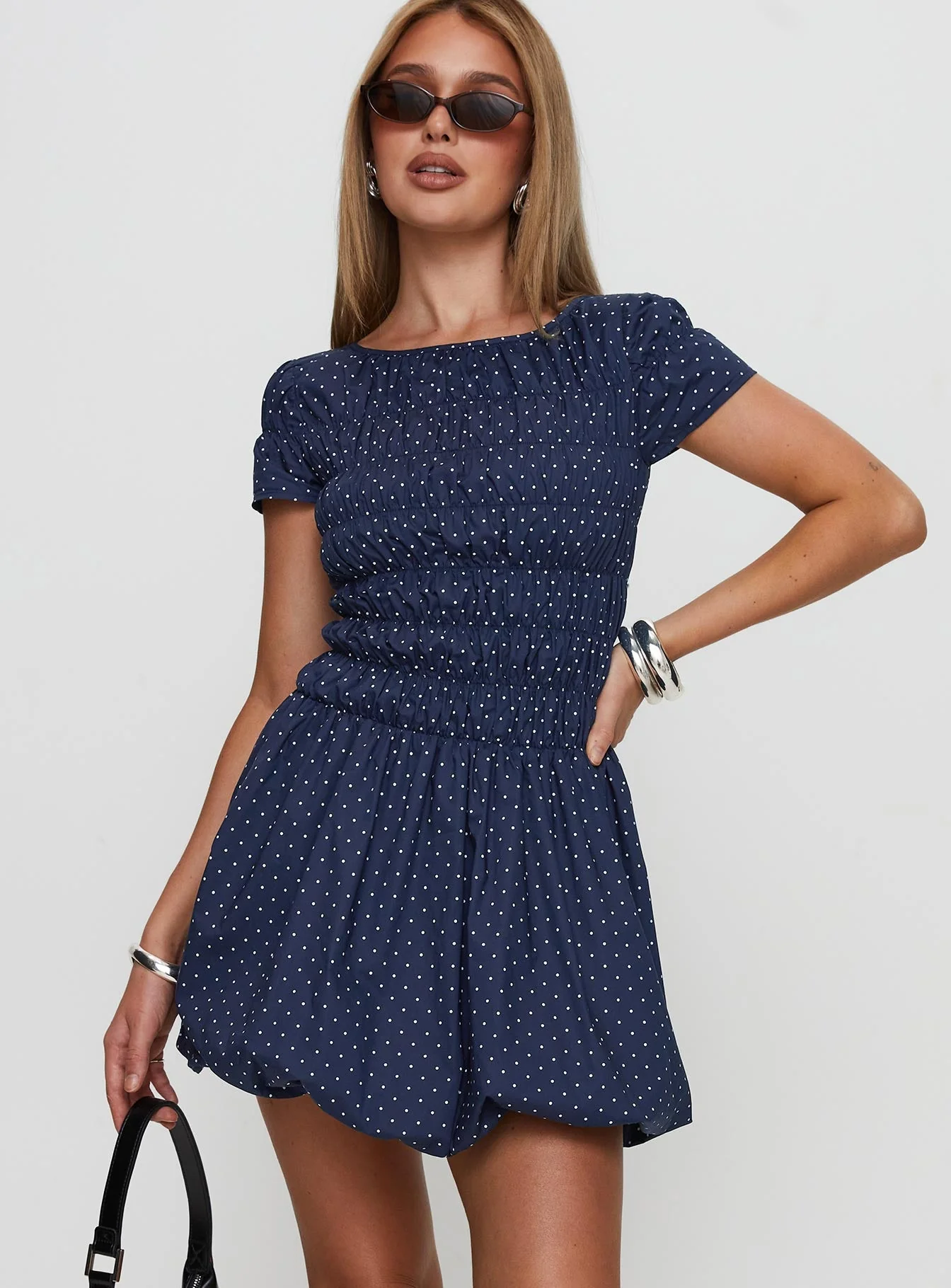 Kennedia Shirred Bubble Hem Mini Dress Navy - Image 2