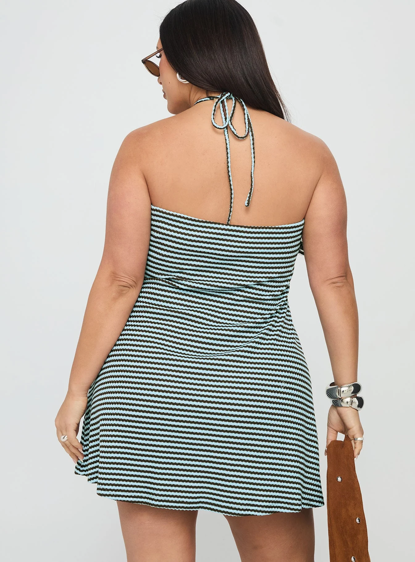 Knoxi Halter Jersey Mini Dress Blue / Brown Stripe Curve - Image 5