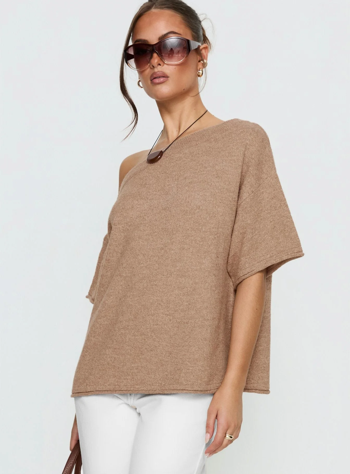 Kourta Off Shoulder Oversized Knit Top Mocha - Image 3