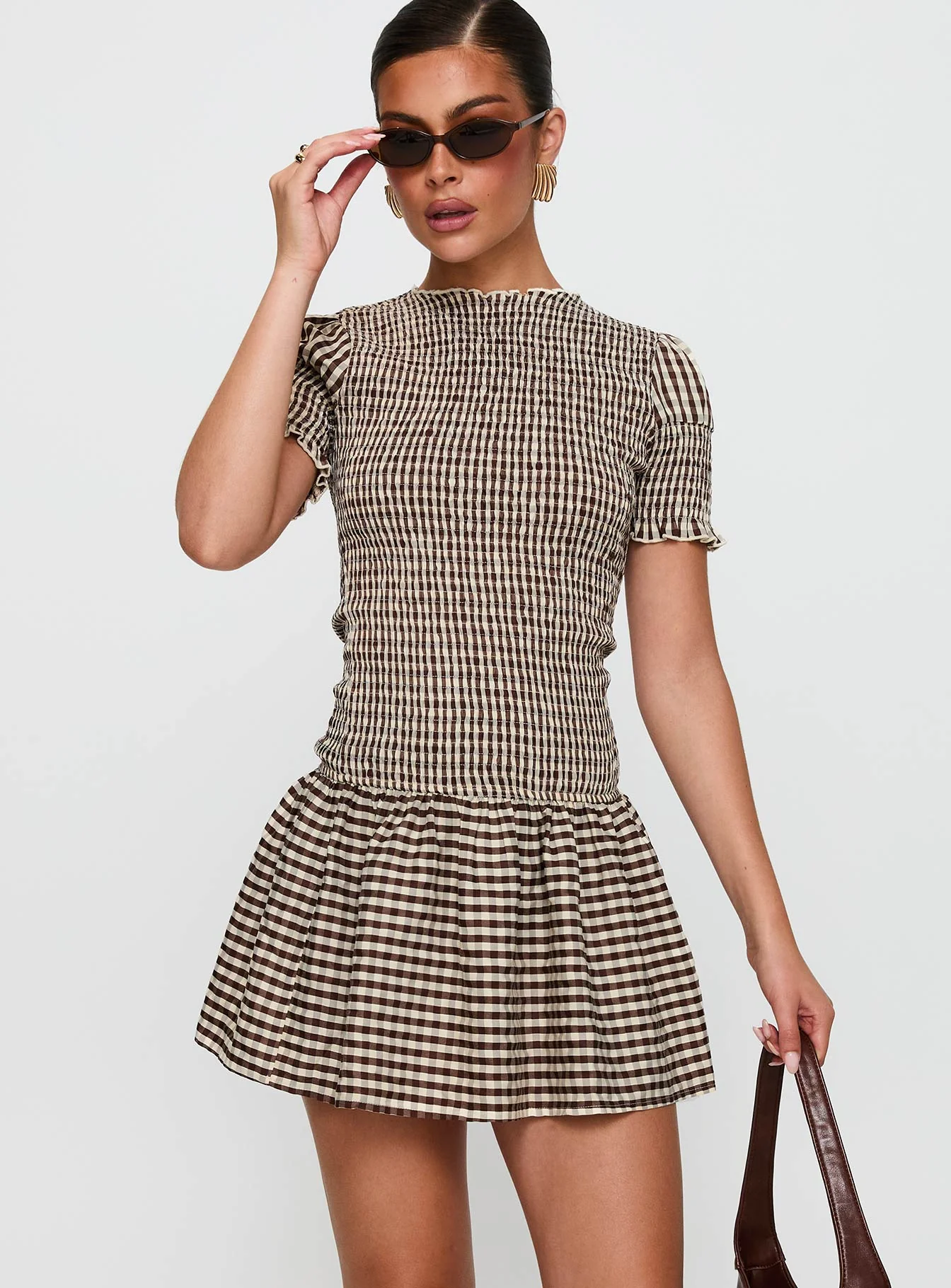 Laurita Shirred Mini Dress Brown Check - Image 2