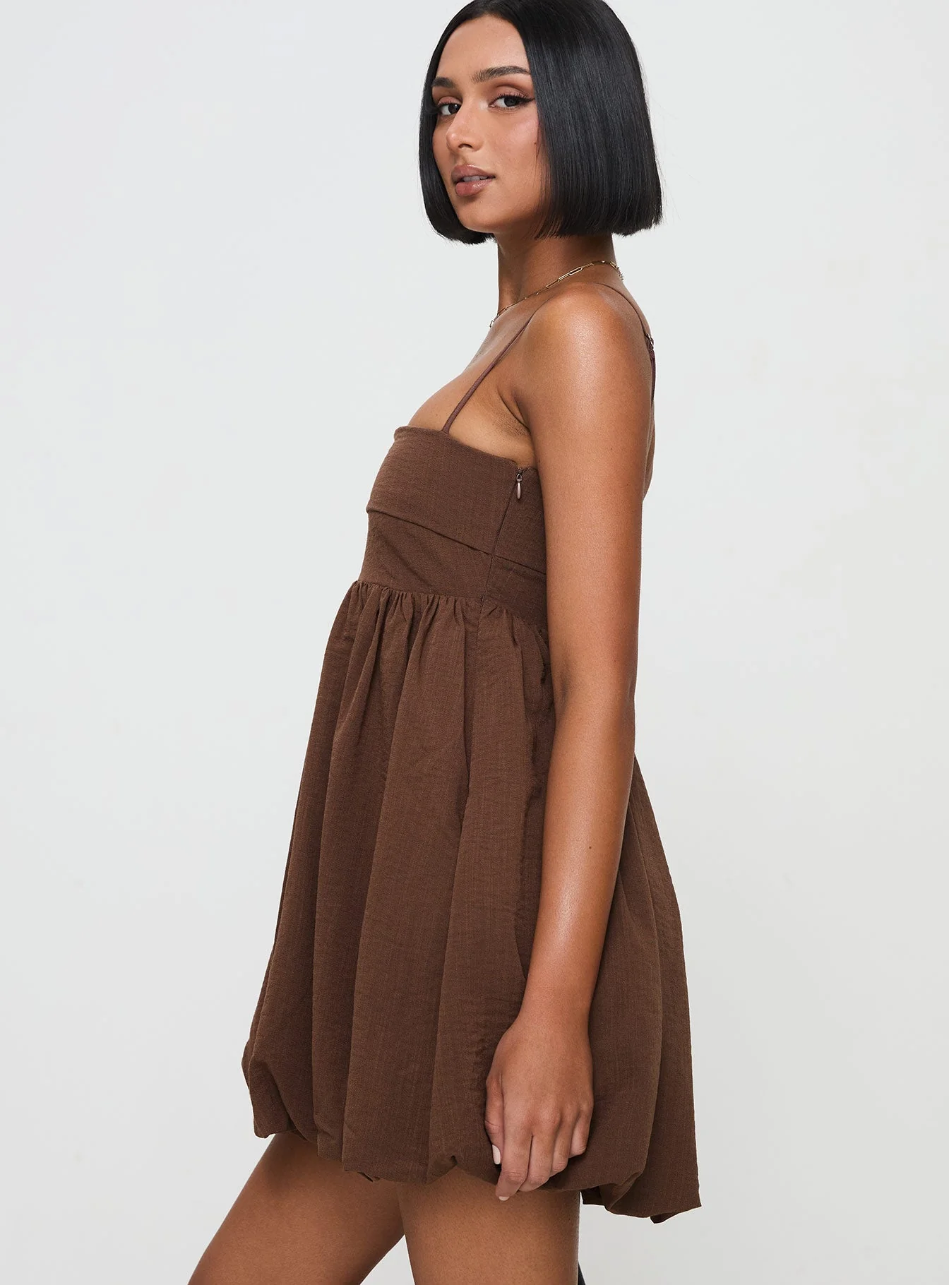 Layken Bubble Hem Mini Dress Chocolate Petite - Image 4
