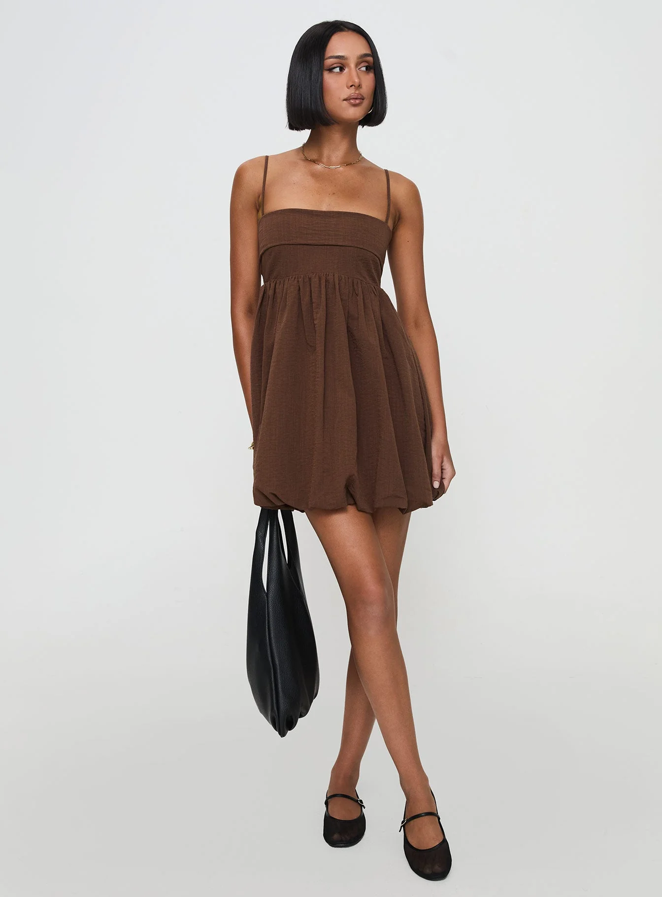 Layken Bubble Hem Mini Dress Chocolate Tall - Image 3
