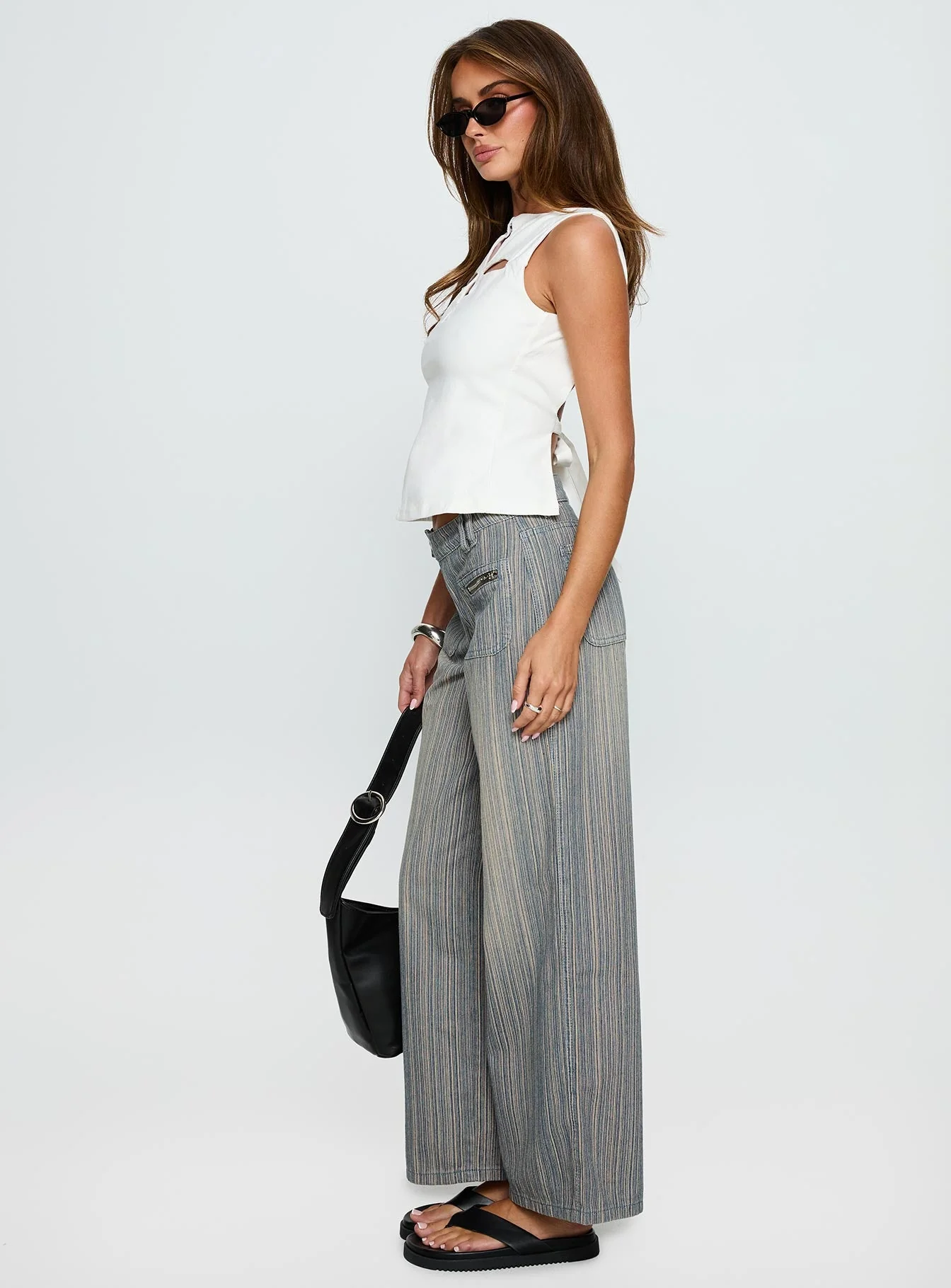 Lifetimes Mid Rise Wide Leg Cargo Jeans Dark Blue Stripe - Image 3