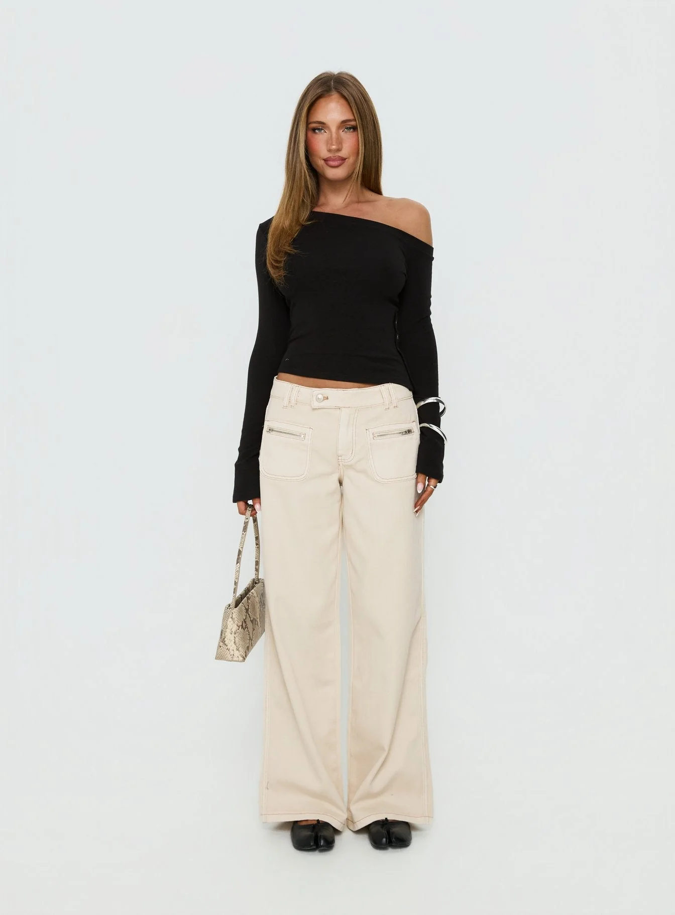 Lifetimes Mid Rise Wide Leg Cargo Jeans Cream - Image 8
