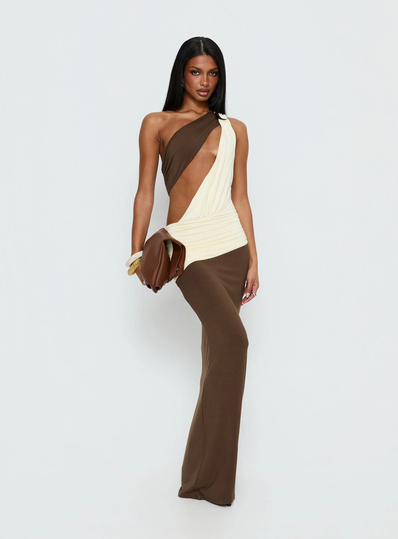 Loletta Draped One Shoulder Maxi Dress Chocolate / Yellow - Image 3