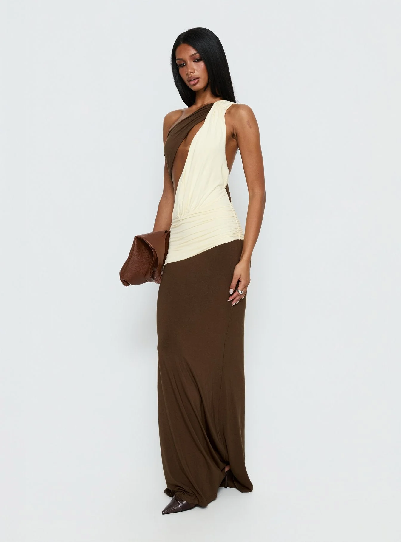 Loletta Draped One Shoulder Maxi Dress Chocolate / Yellow - Image 4